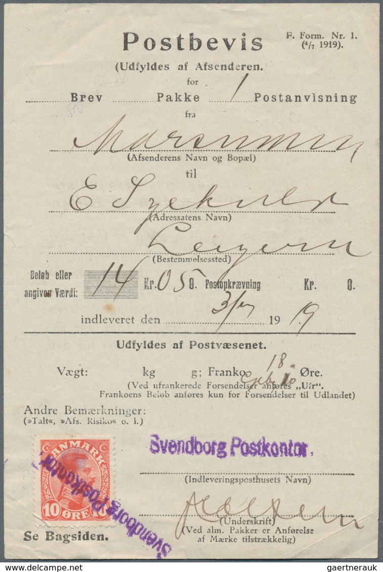 Dänemark: 1919, 10 Öre Red With Violet One-liner Cancel "Svendborg Postkontor" On Form "Postbevis" - Unused Stamps