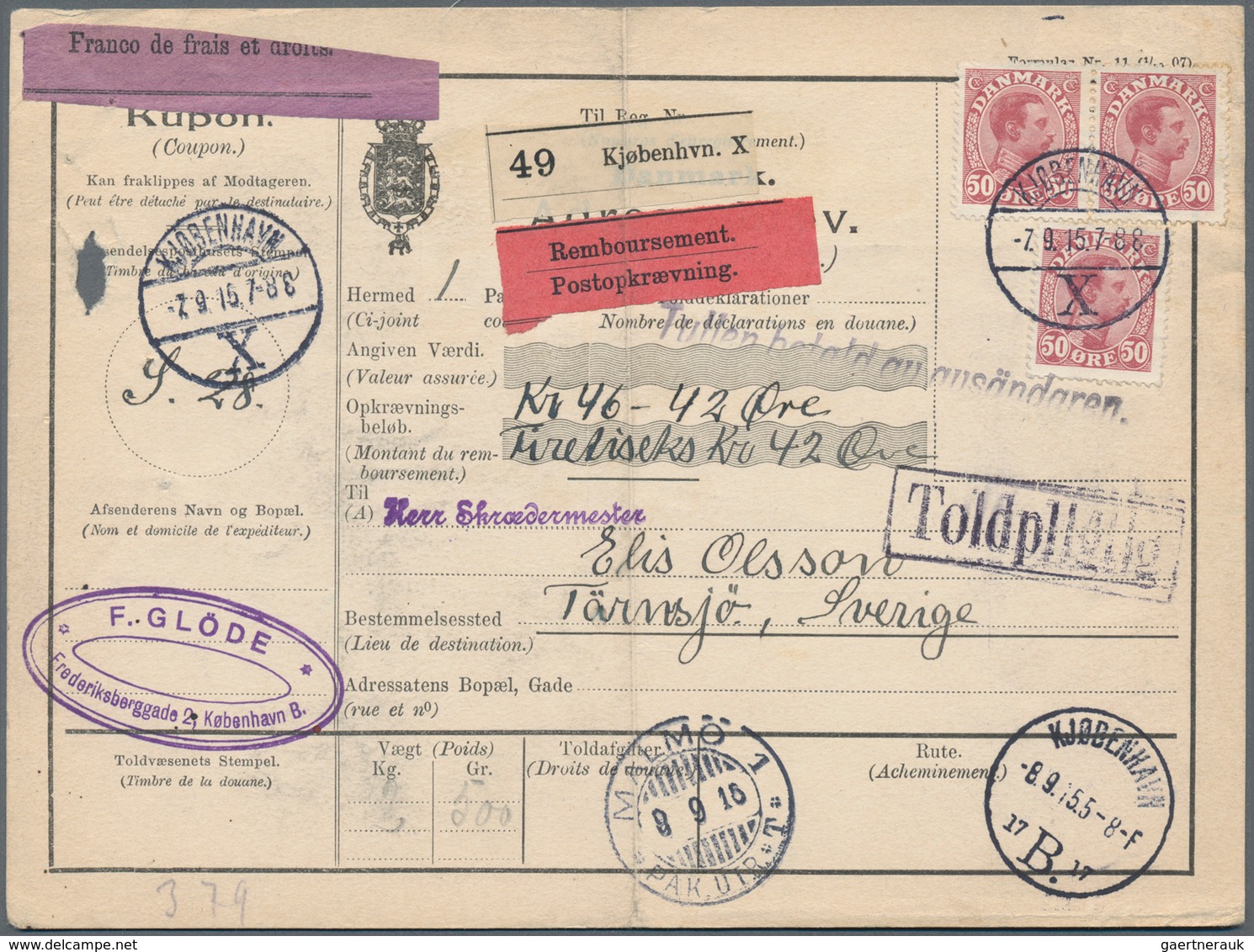Dänemark: 1915, Three Stamps 50 Öre Brown On Parcel Card From Kobenhavn To Sweden, Card With Vertica - Ungebraucht