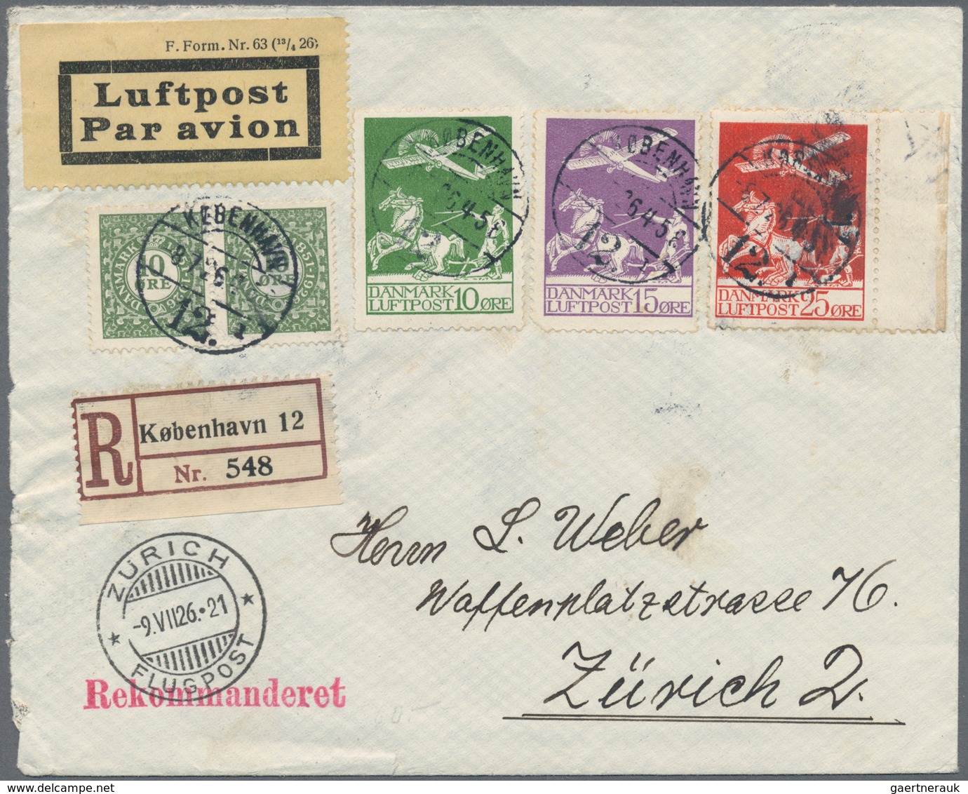 Dänemark: 1926, 10 To 25 Öre Flight Stamps Complete Mixed Franking With 10 Öre Green Pair On Registe - Ungebraucht