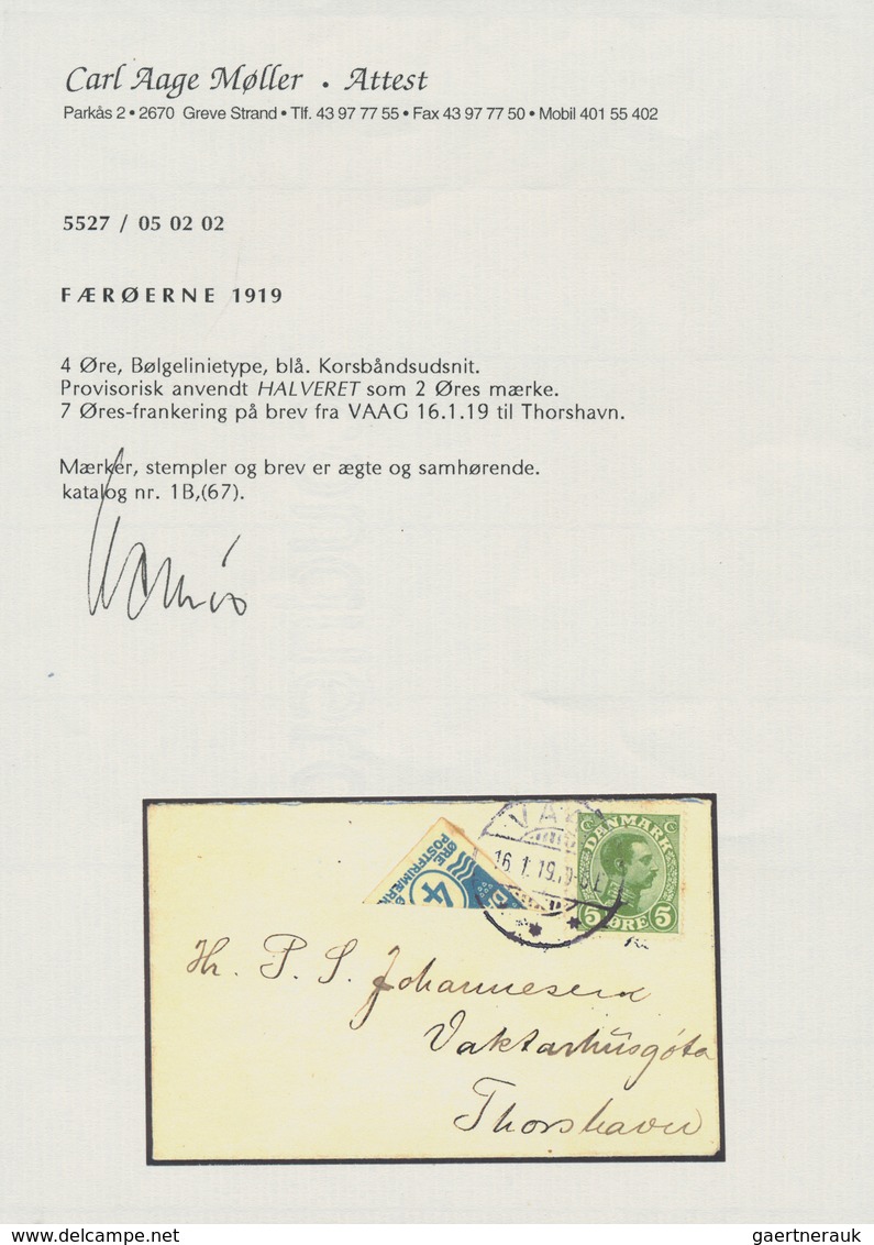 Dänemark - Färöer: 1919 Denmark 4 øre Blue Used BISECTED Diagonally Along With 5 øre Green On Small - Faroe Islands