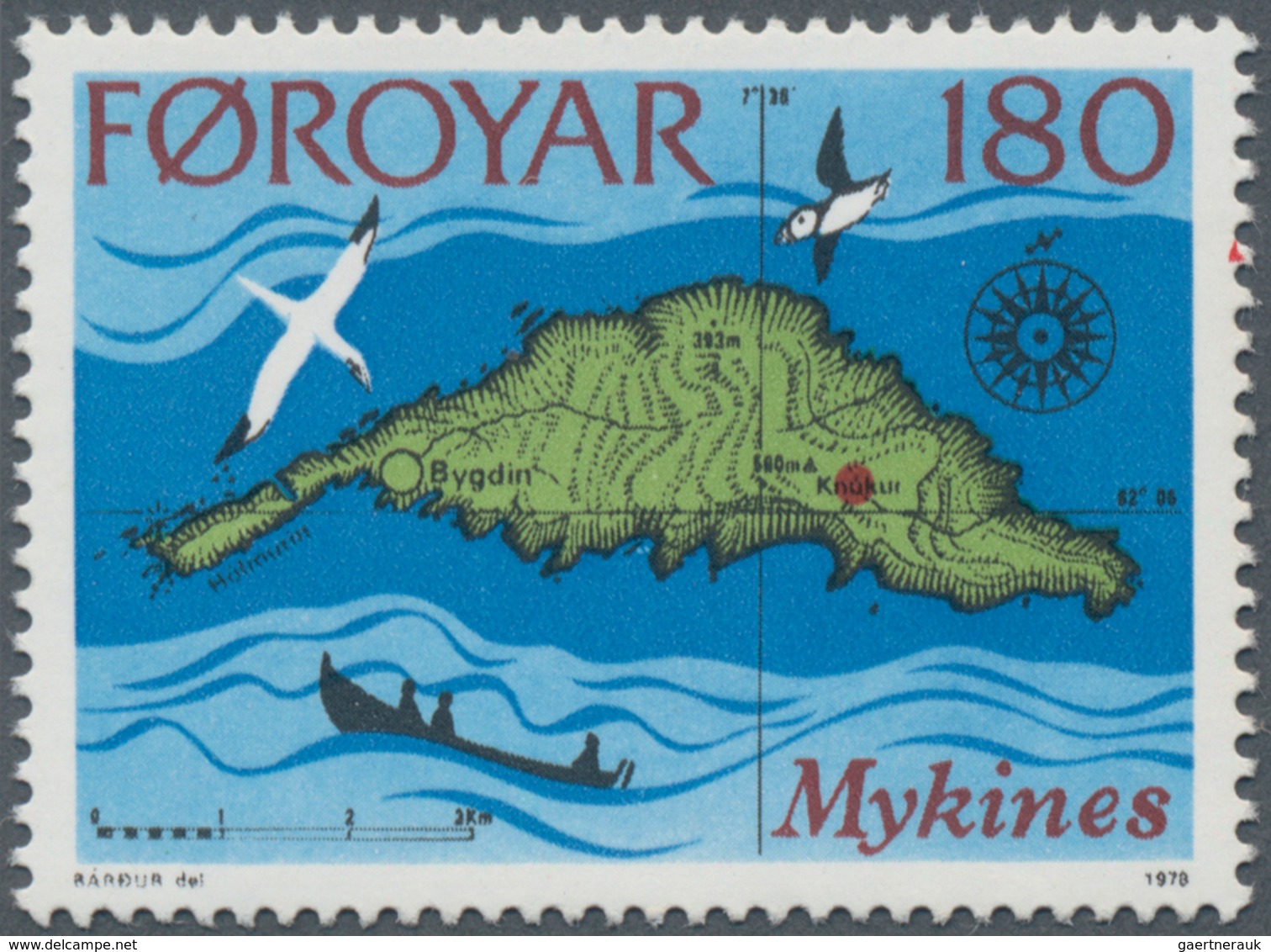 Dänemark - Färöer: 1978 'Mykines' 180 øre Showing Variety "COLOUR RED (Bygdin Marking And Beak) SHIF - Faroe Islands