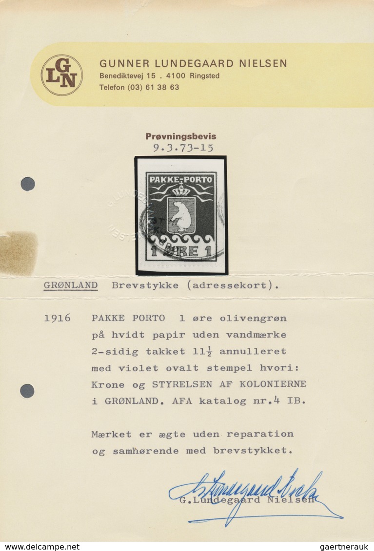Dänemark - Grönland: 1915, 1 Ore, Top And Bottom Imperforated On Piece, With Certificate Gunnar L. N - Covers & Documents