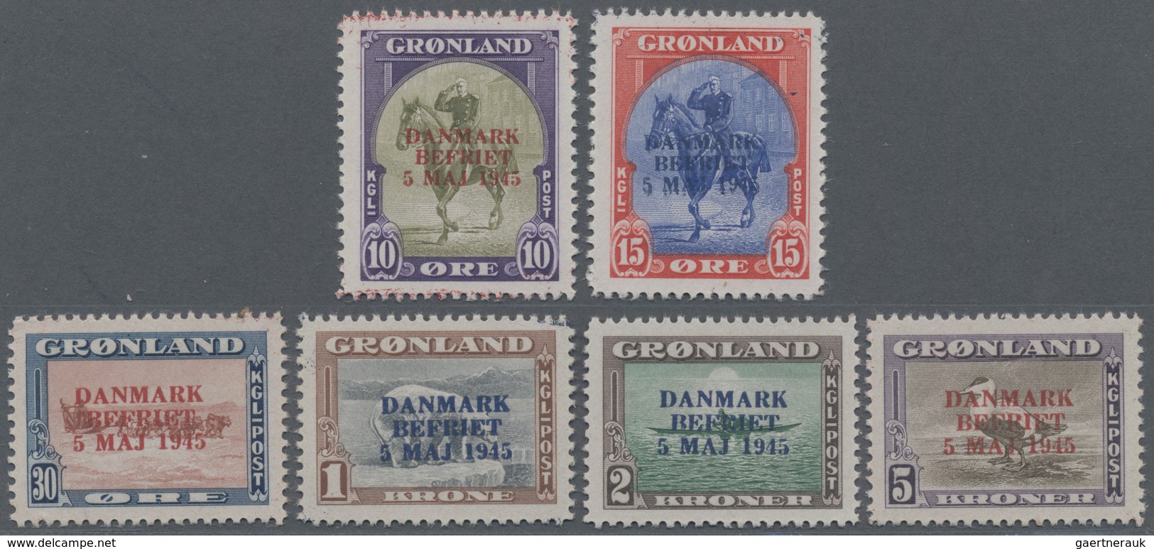 Dänemark - Grönland: 1945, Befreiung Dänemarks 6 Werte Tadellos Postfrisch Mit Andersfarbigen Aufdru - Briefe U. Dokumente