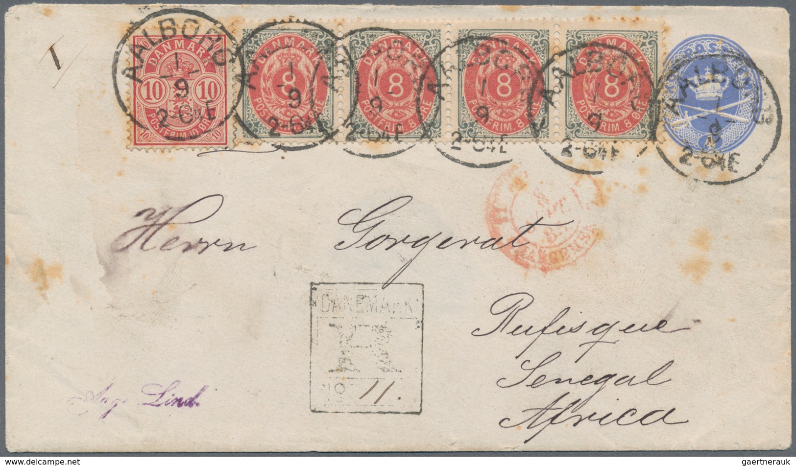 Dänemark - Ganzsachen: 1885 Destination SENEGAL: Postal Staionery Envelope 4 øre Bright Ultramarine - Ganzsachen