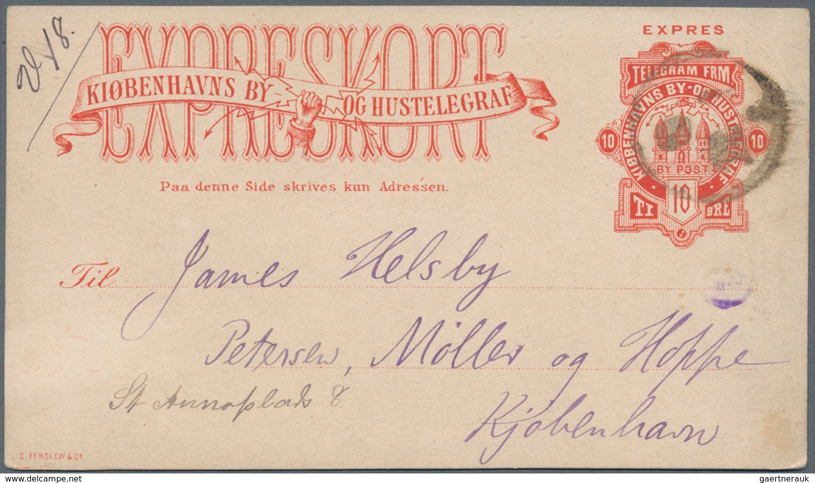 Dänemark - Ganzsachen: CITY MAIL: 1885 (ca.), "EXPRESSKORT Kiobenhavns By OG HUSGELEGRAF" 10 Öre Red - Postal Stationery