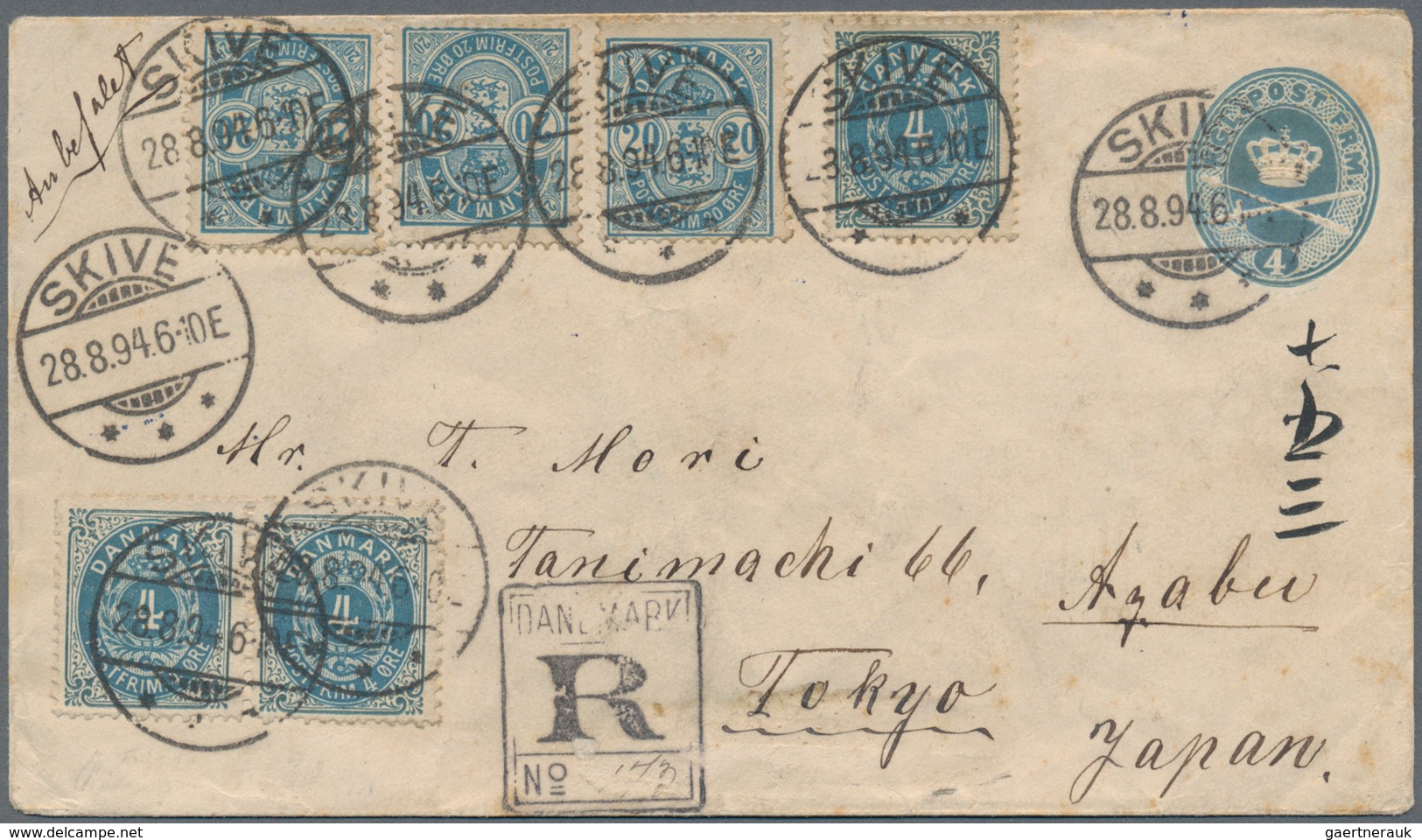 Dänemark - Ganzsachen: 1894 Destination JAPAN: Postal Stationery Envelope 4 øre Blue Used Registered - Ganzsachen