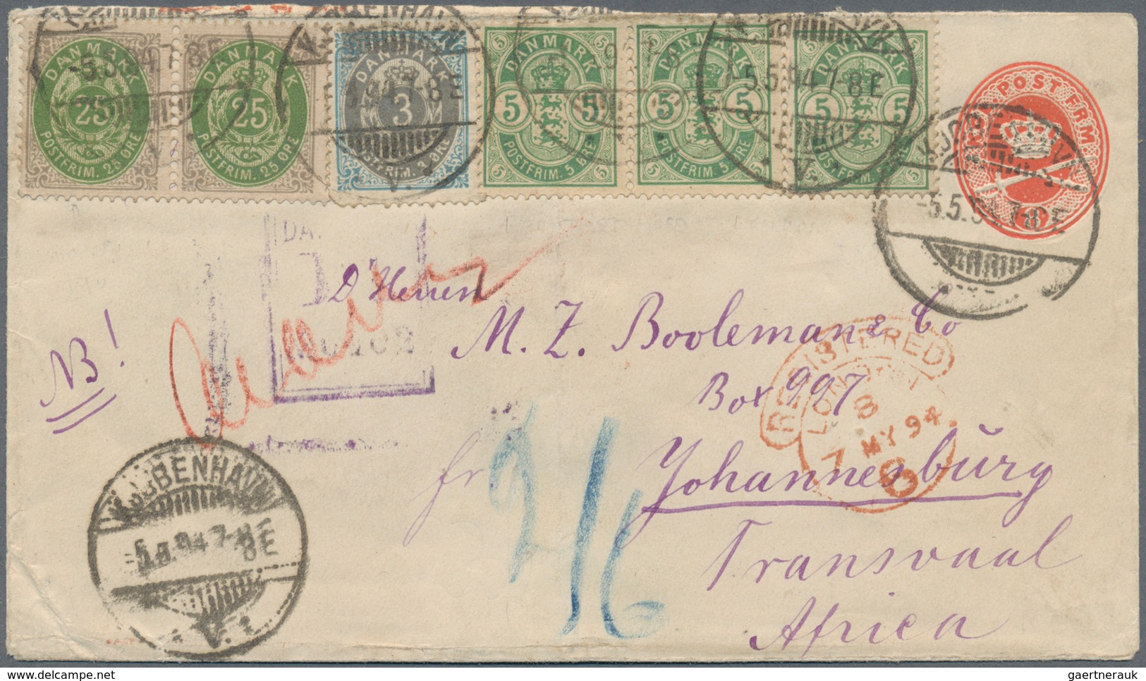 Dänemark - Ganzsachen: 1894 Destination TRANSVAAL: Postal Stationery Envelope 8 øre Red Used Registe - Postwaardestukken