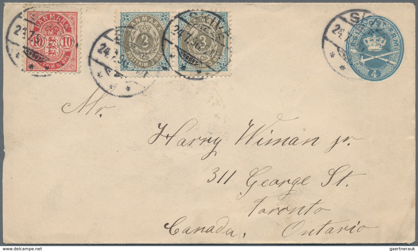 Dänemark - Ganzsachen: 1896 Desination CANADA: Postal Stationery Envelope 4 øre Blue, Uprated 3 øre - Postal Stationery