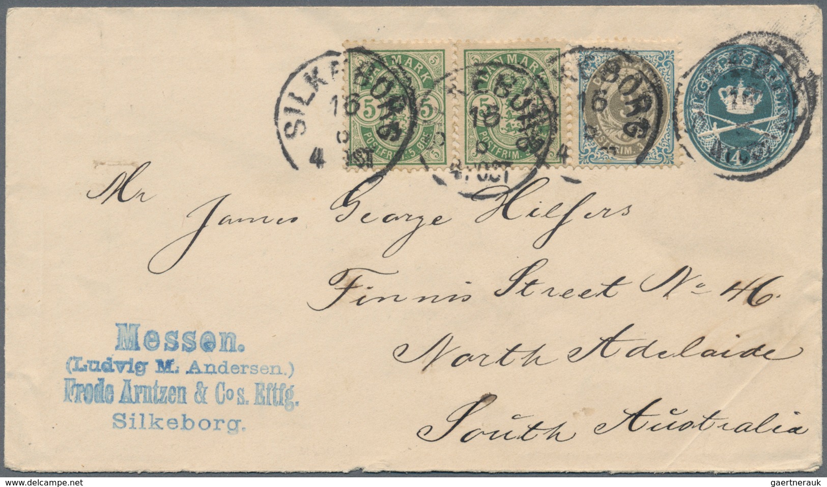 Dänemark - Ganzsachen: 1897 Destination AUSTRALIA: Postal Stationery Envelope 4 øre Blue Used From S - Postal Stationery