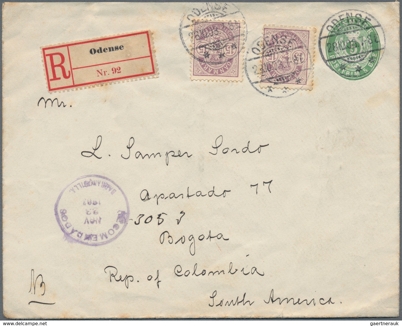 Dänemark - Ganzsachen: 1903 Destination COLOMBIA: Postal Stationery Envelope 5 øre Green Used Regist - Ganzsachen