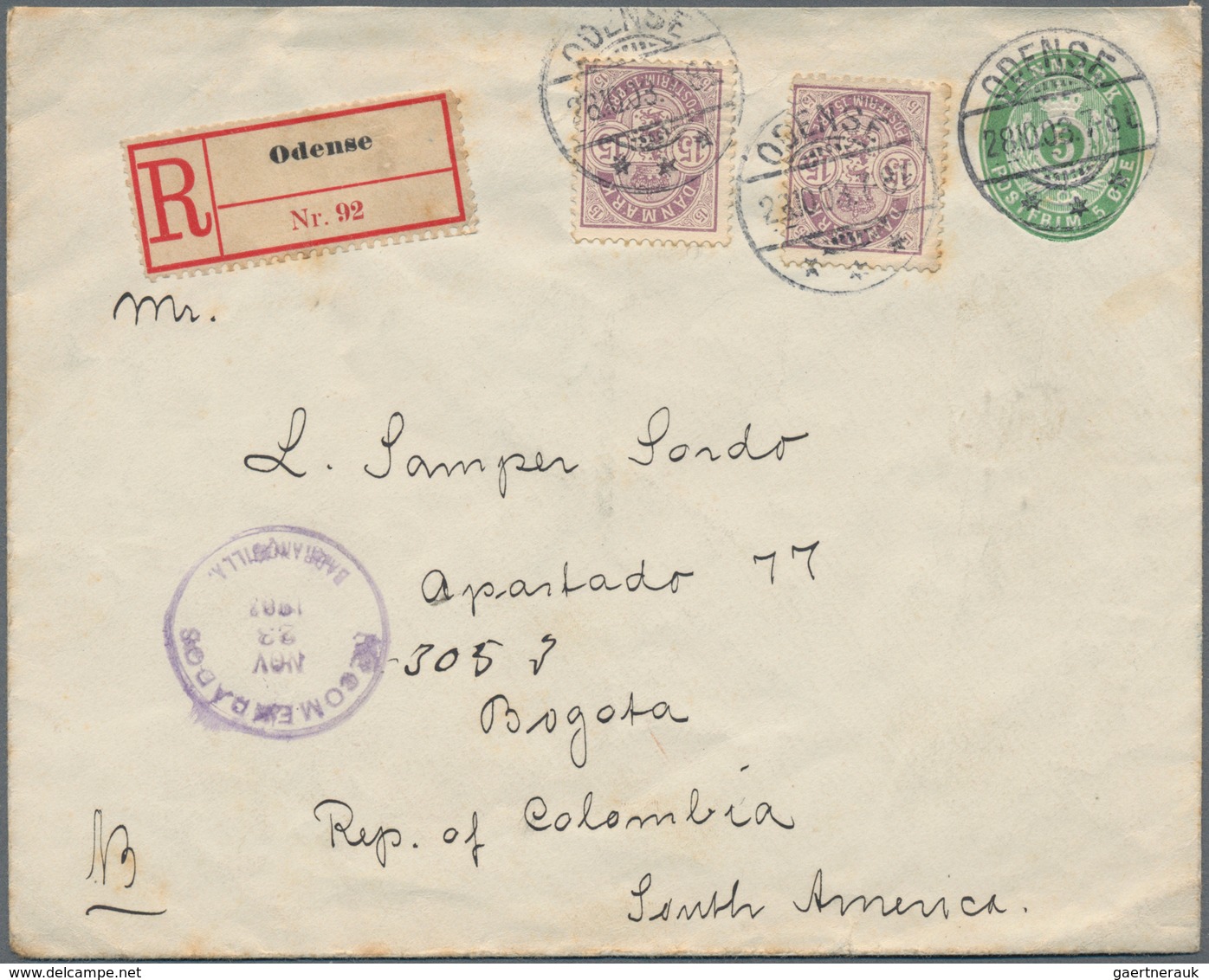 Dänemark - Ganzsachen: 1903 Destination COLOMBIA: Postal Stationery Envelope 5 øre Green Used Regist - Postal Stationery