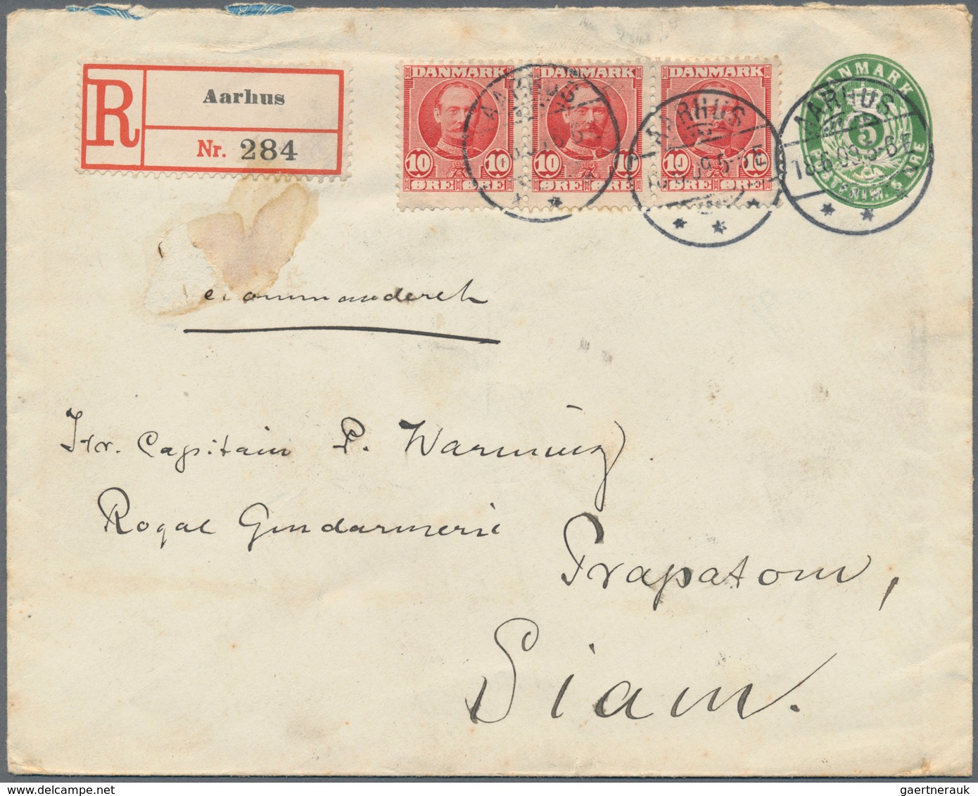 Dänemark - Ganzsachen: 1909 Destination SIAM: Postal Stationery Envelope 5 øre Green Used Registered - Postwaardestukken