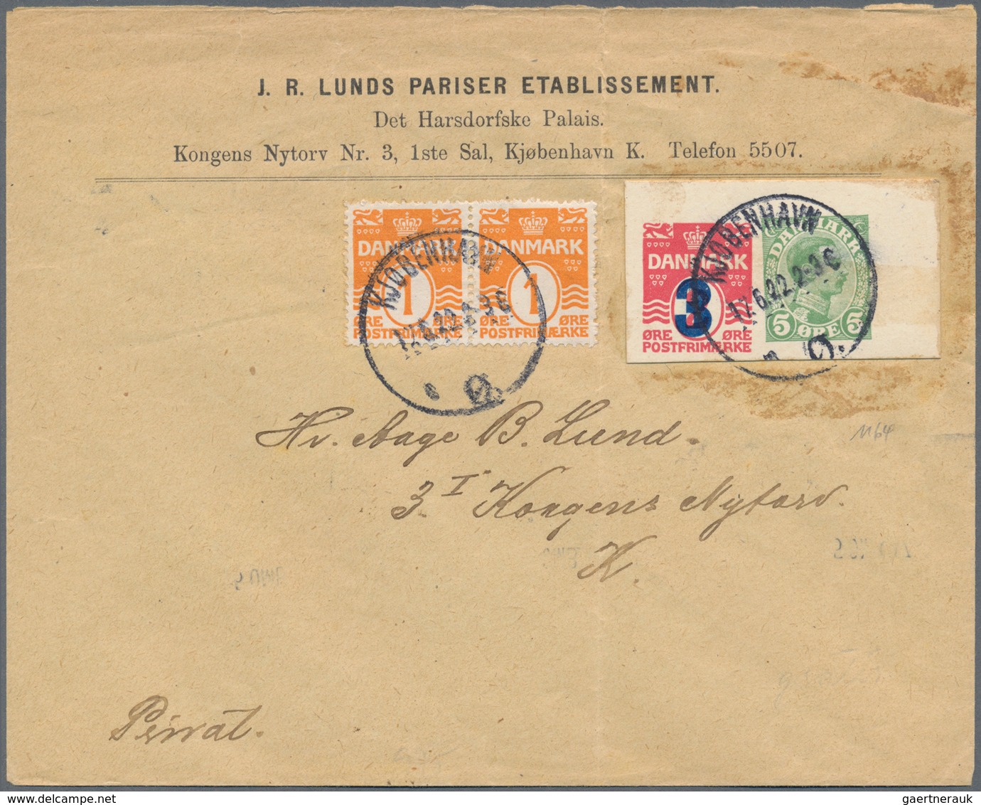 Dänemark - Ganzsachen: 1922, 3 + 5 Öre Postal Stationery Coutout Mixed Franking With 1 Öre Orange Pa - Ganzsachen