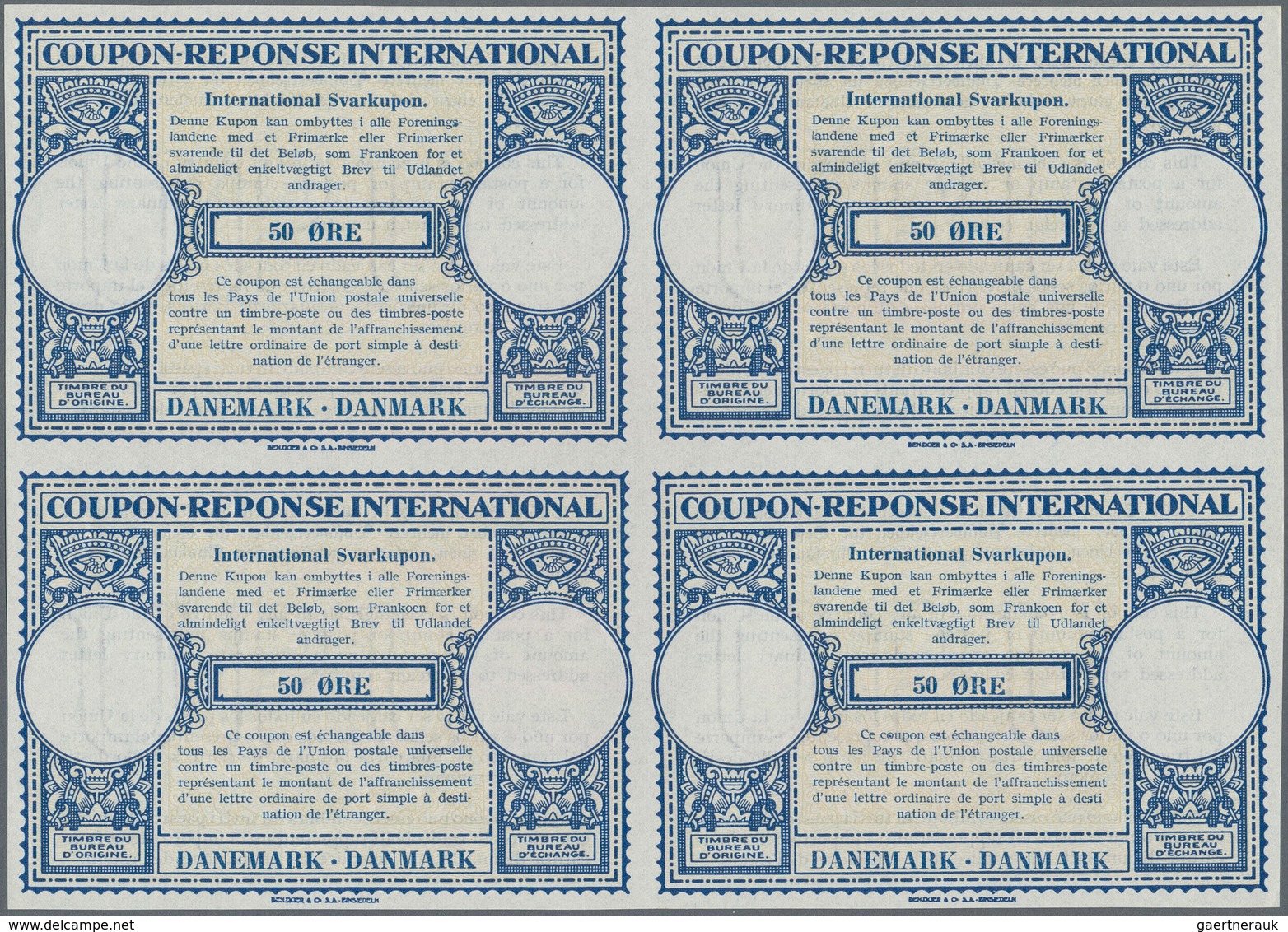 Dänemark - Ganzsachen: 1940. International Reply Coupon 50 Ore (London Type) In An Unused Block Of 4 - Postwaardestukken