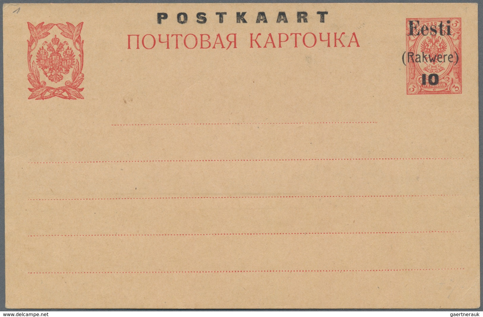 Estland - Lokalausgaben: Rakwere (Wesenberg): 1918, Unused "10 Kop." On Russian 3 Kop Stationery Car - Estland