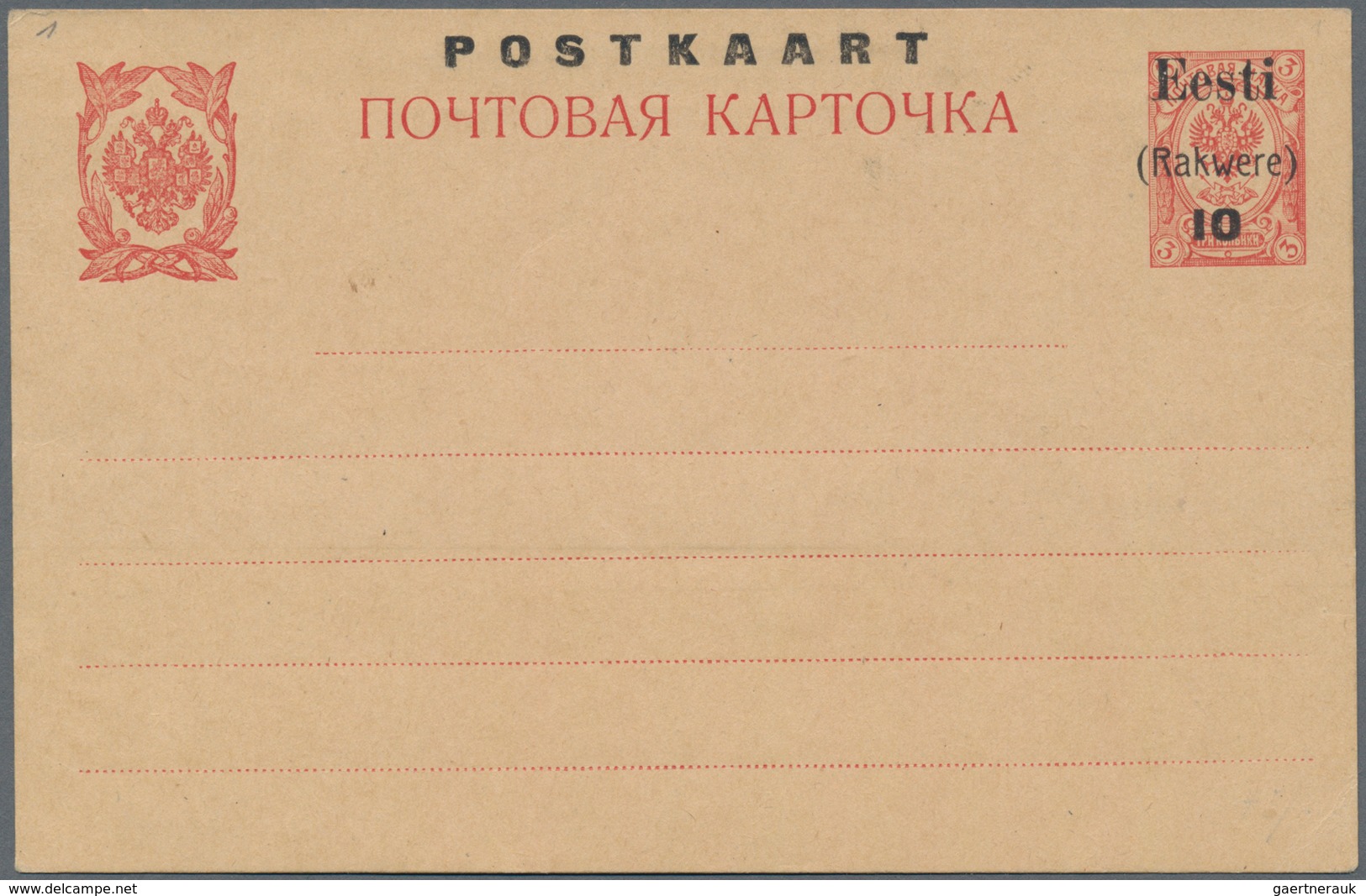 Estland - Lokalausgaben: Rakwere (Wesenberg): 1918, Unused "10 Kop." On Russian 3 Kop Stationery Car - Estonia