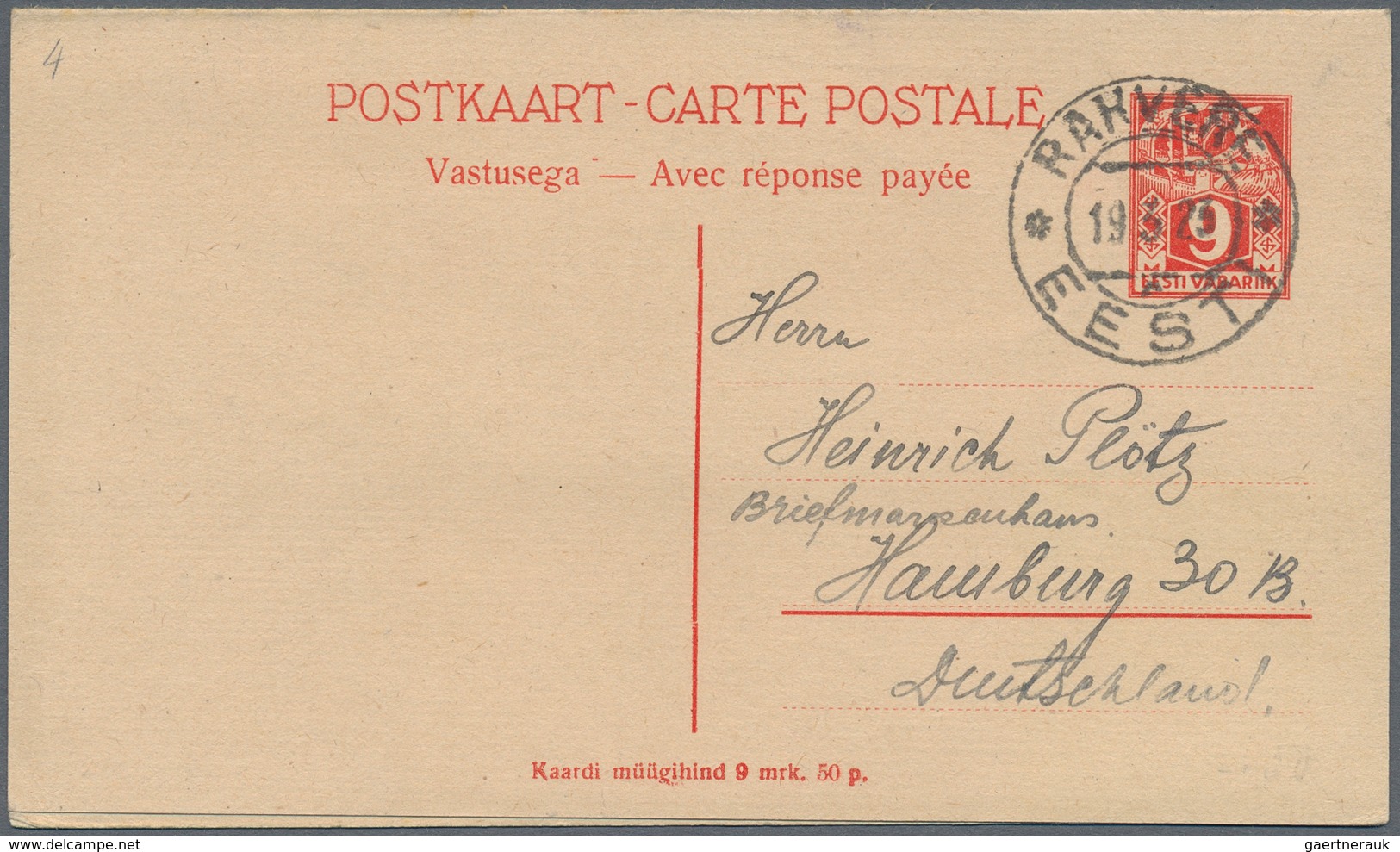Estland - Ganzsachen: 1923, 9/9 Mk Brick-red Postal Stationery Double Postcard From Rakvere To Hambu - Estland
