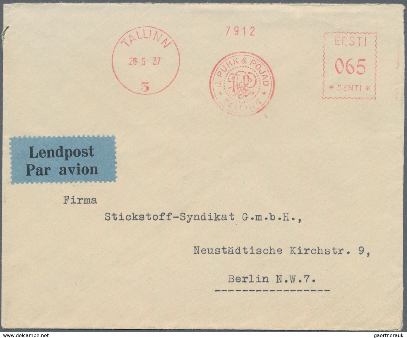 Estland - Besonderheiten: 1937, 65 Senti Franking Stamp From Tallin On Airmail Letter To Berlin, On - Estland