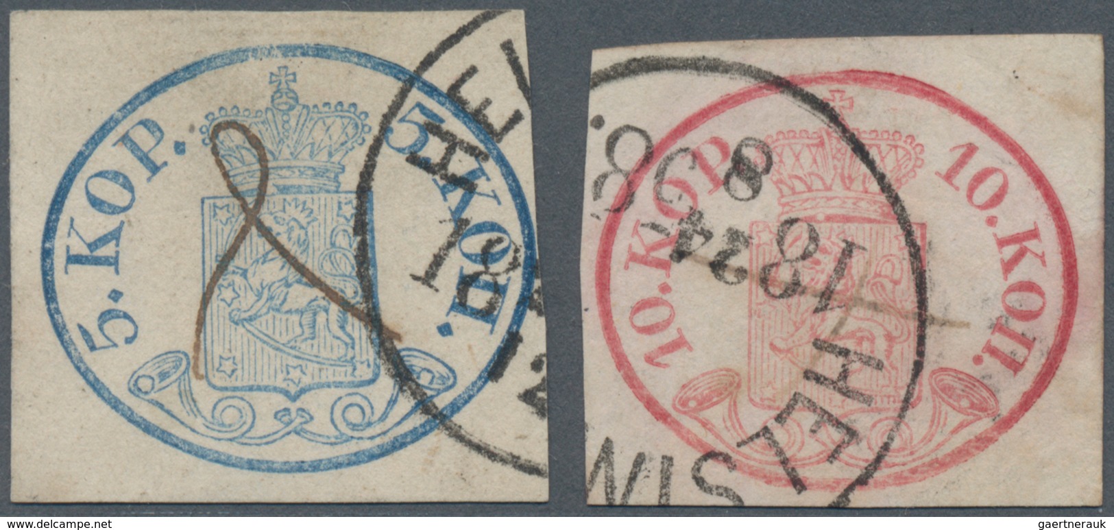 Finnland: 1856, 5kop. Blue And 10kop. Carmine, Both Close To Wide Margins, Cearly Obliterated By Pen - Used Stamps