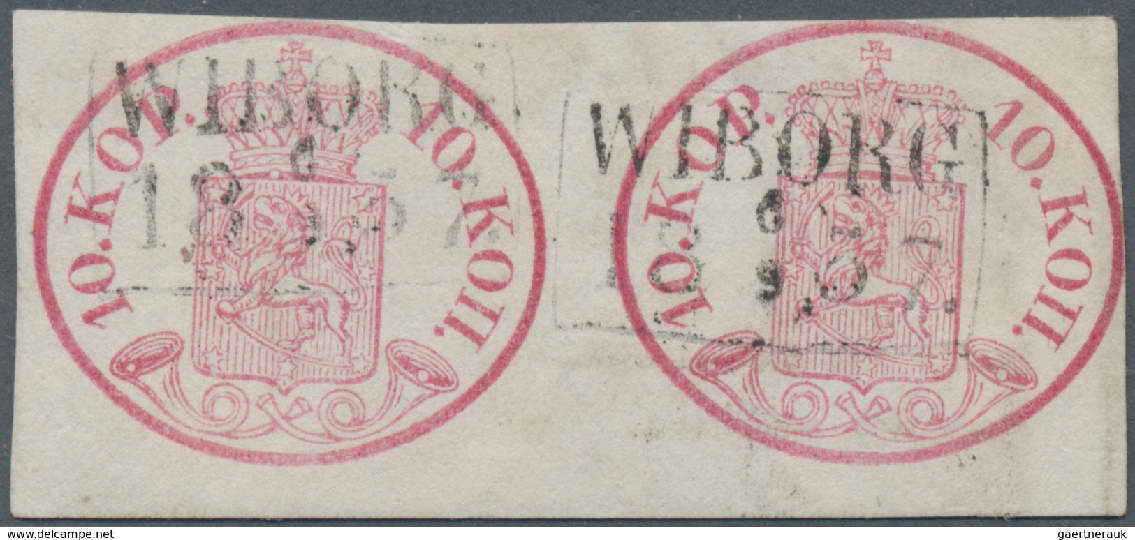 Finnland: 1856, Emblem 10 Cop. Carmine In Wide-margined Horizontal Pair, Each Clearly Cancelled "WIB - Usati