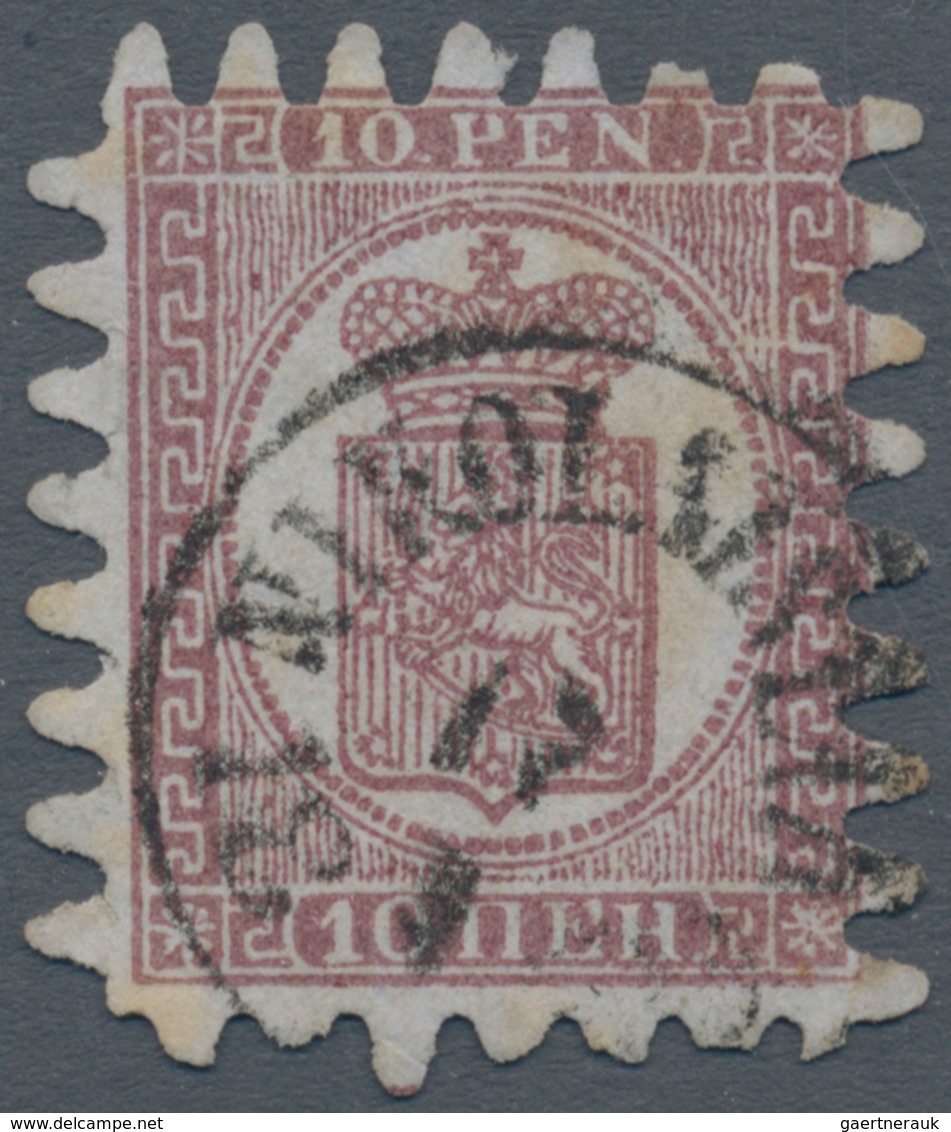 Finnland: 1866: COLOUR ERROR 10p. Carmine-brown On Pale Lilac Laid Paper, Rouletted Type III, Used A - Gebruikt