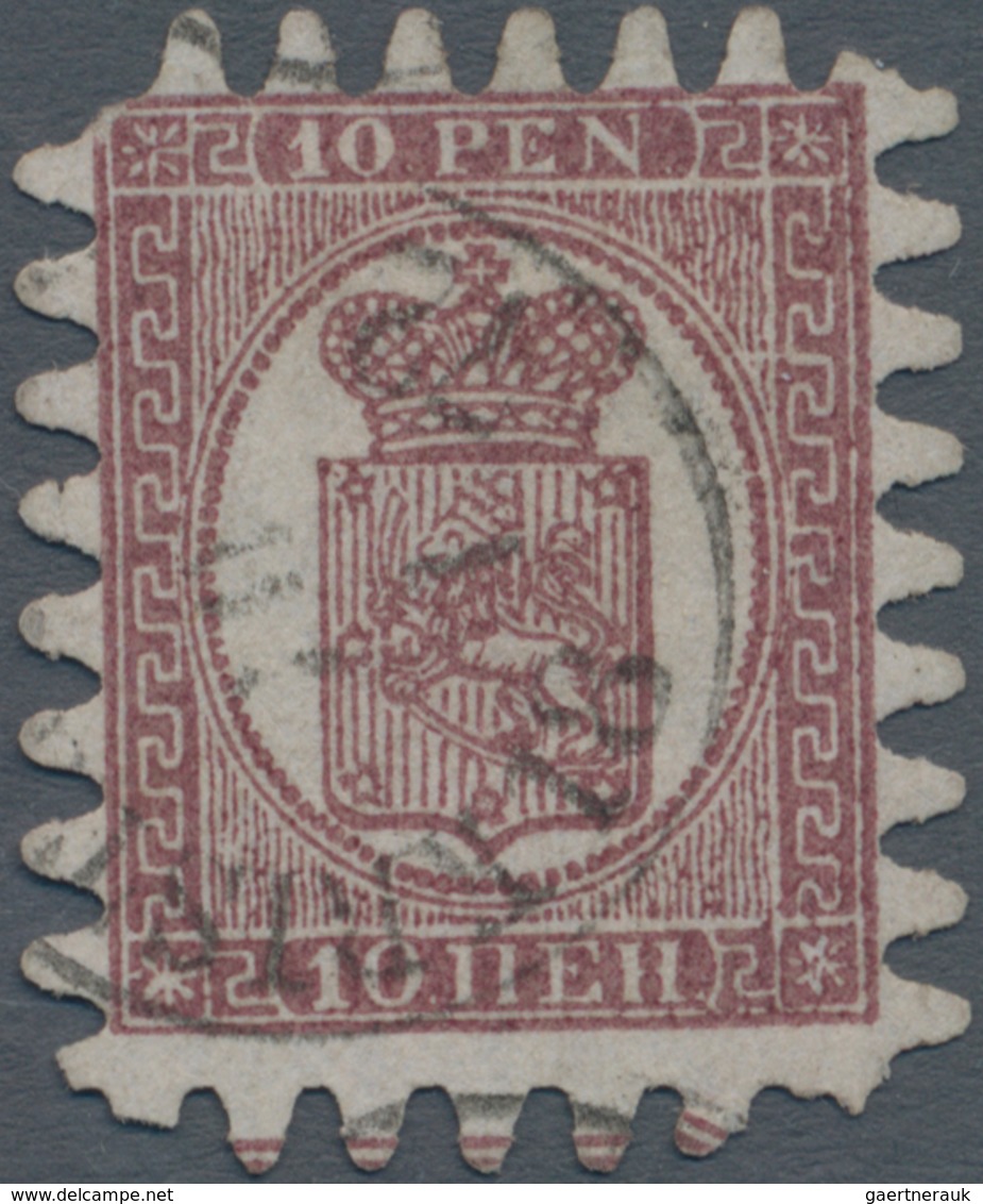 Finnland: 1866: COLOUR ERROR 10p. Carmine-brown On Pale Lilac Laid Paper, Rouletted Type III, Used A - Gebruikt