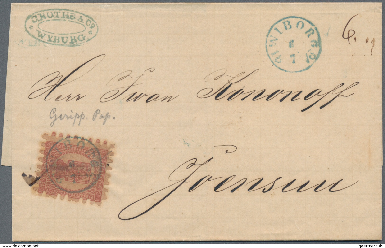 Finnland: 1873, 40 P Brown Ribbed Paper Rouletted C With Blue Circle Cancel WYBORG On Folded Letter - Gebruikt