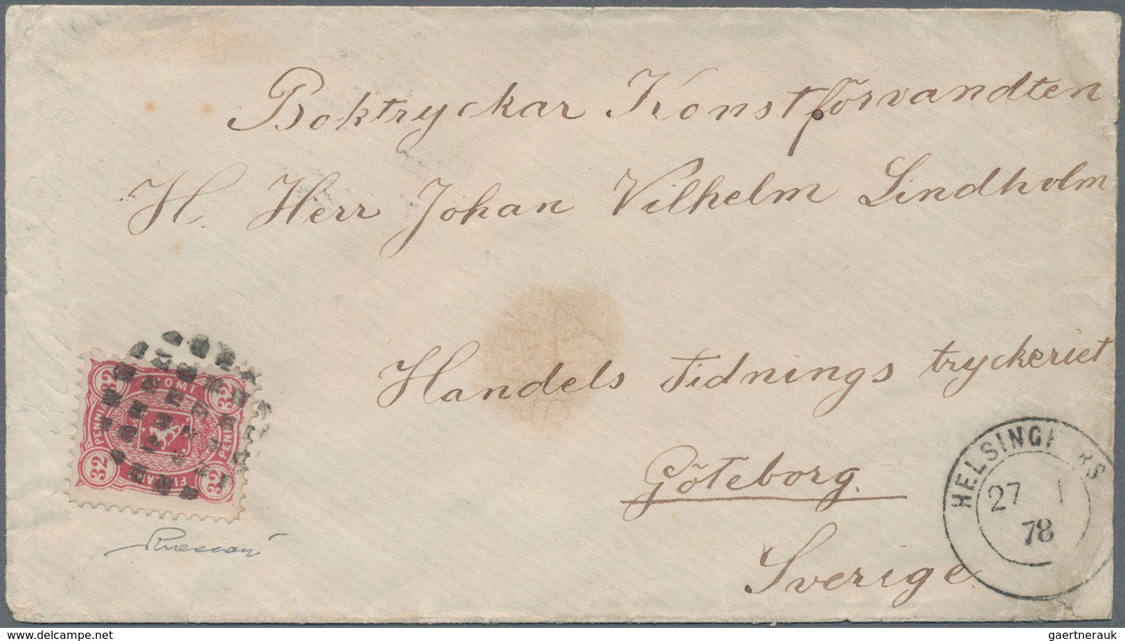 Finnland: 1875 'Arms' 32p. Carmine Used On Cover From Helsinki To Göteborg, Sweden Via Stockholm, Ti - Gebraucht