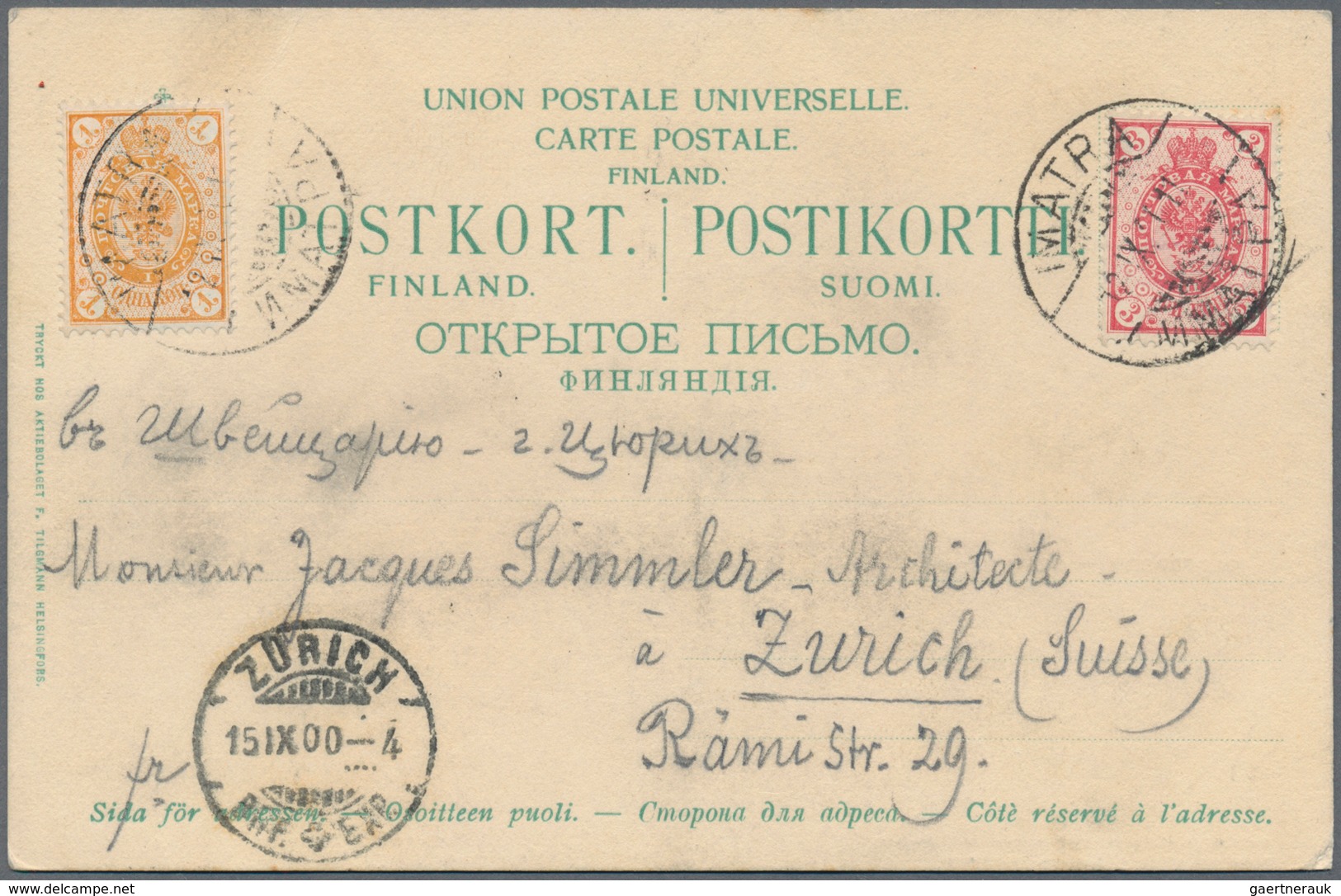 Finnland: 1900, 1 P Yellow And 3 P Red On Souvenir Postcard (Olofsborg) From IMTRA To Zürich/Switzer - Gebraucht