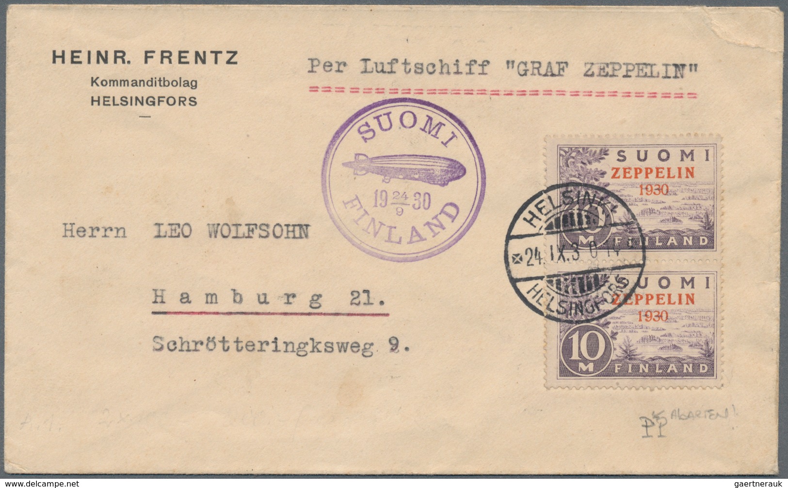 Finnland: 1930 Zeppelin 10m. Vertical Pair, Bottom Stamp With "malformed First "P" In ZEPPELIN", Use - Gebraucht