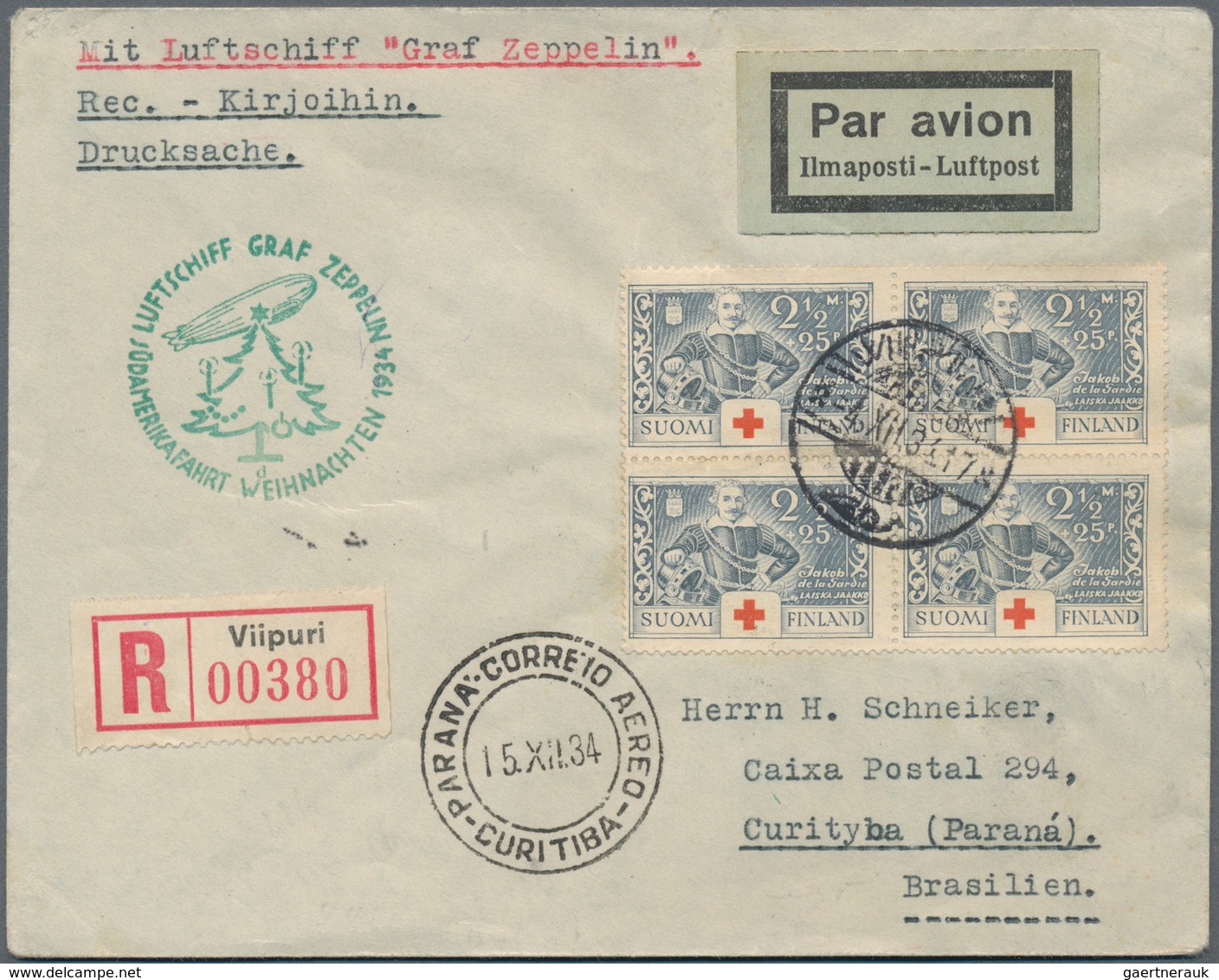 Finnland: 1934, FINNLAND/WEIHNACHTSFAHRT: R-Brief Ab Viipuri über Berlin Als Bordpost Nur Mit Bestät - Gebruikt