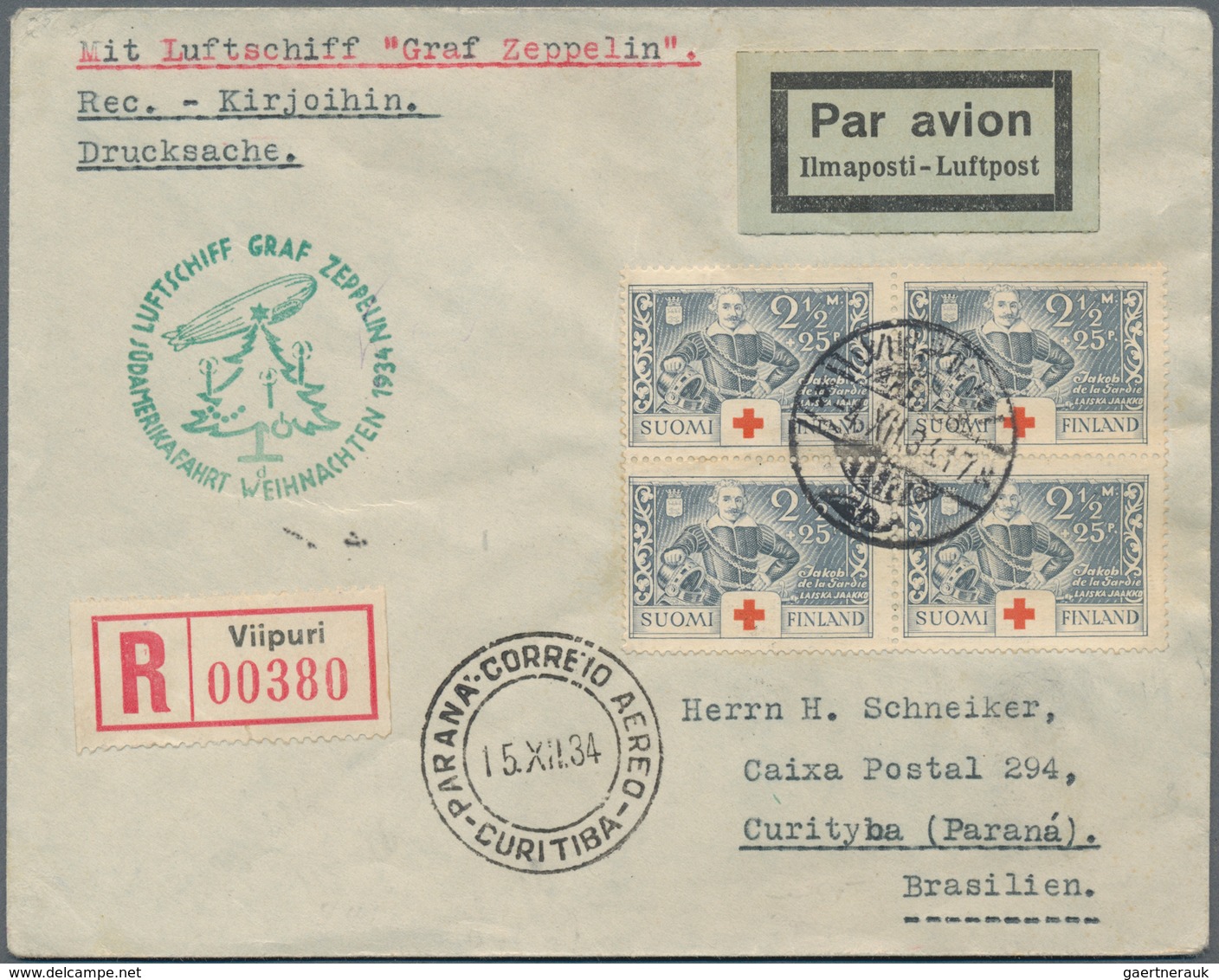 Finnland: 1934, FINNLAND/WEIHNACHTSFAHRT: R-Brief Ab Viipuri über Berlin Als Bordpost Nur Mit Bestät - Used Stamps