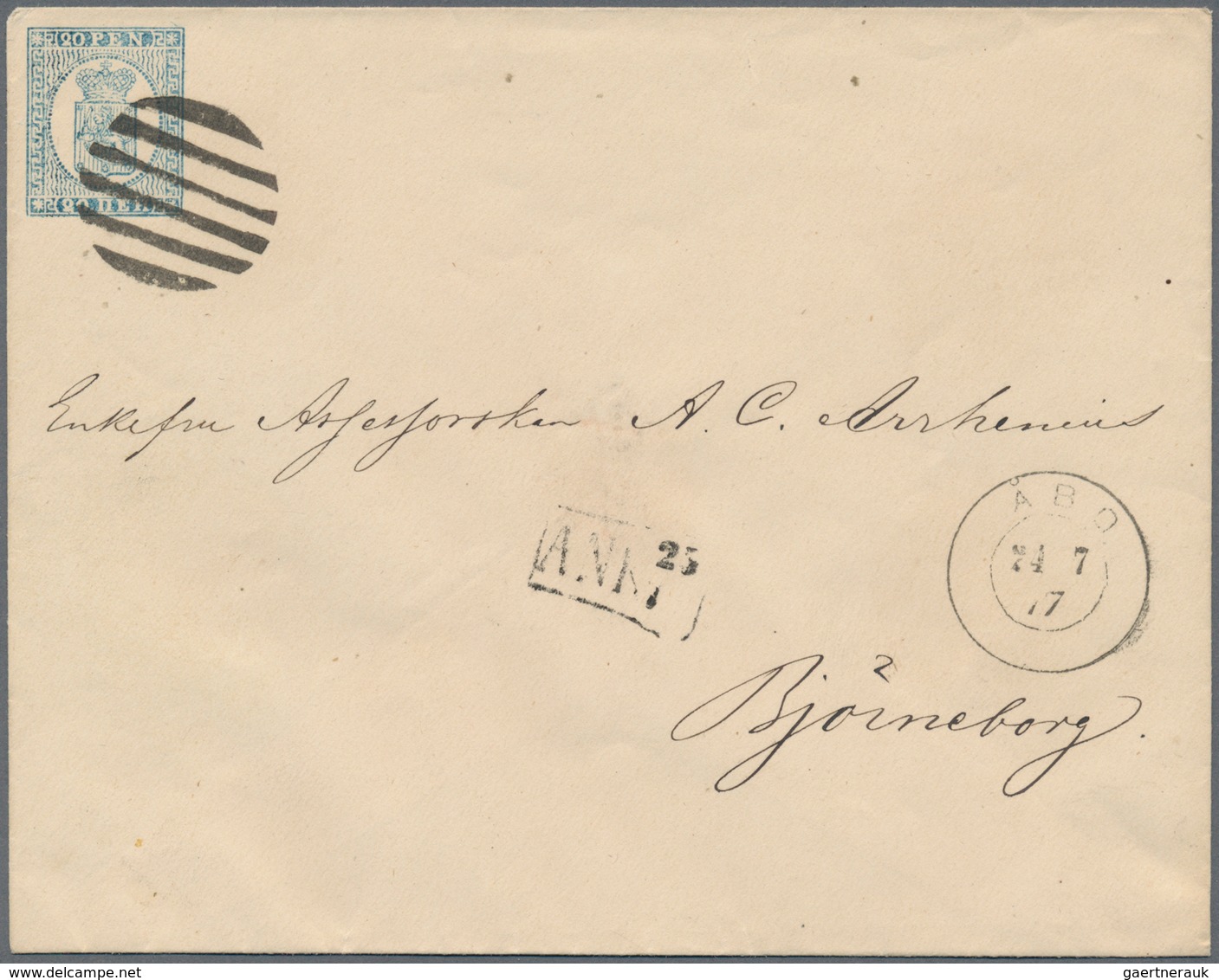 Finnland - Ganzsachen: 1871, 20 P Light Blue Postal Stationery Cover With A Round Bar Cancel From AB - Postal Stationery