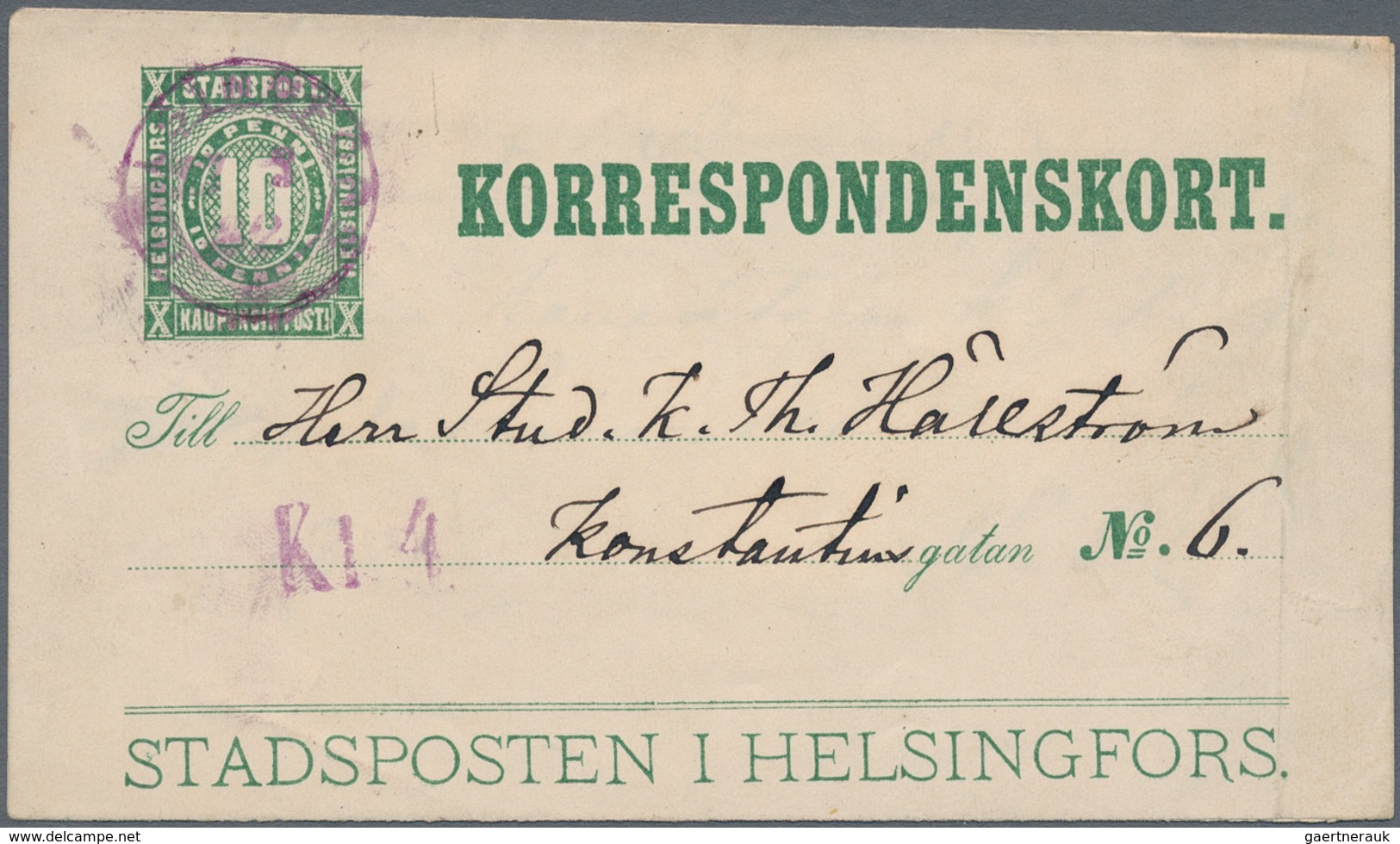 Finnland - Ganzsachen: 1882, 10 P. Card Letter "STADSPOSTEN I HELSINGFORS" Used With Violett Line Ca - Postal Stationery