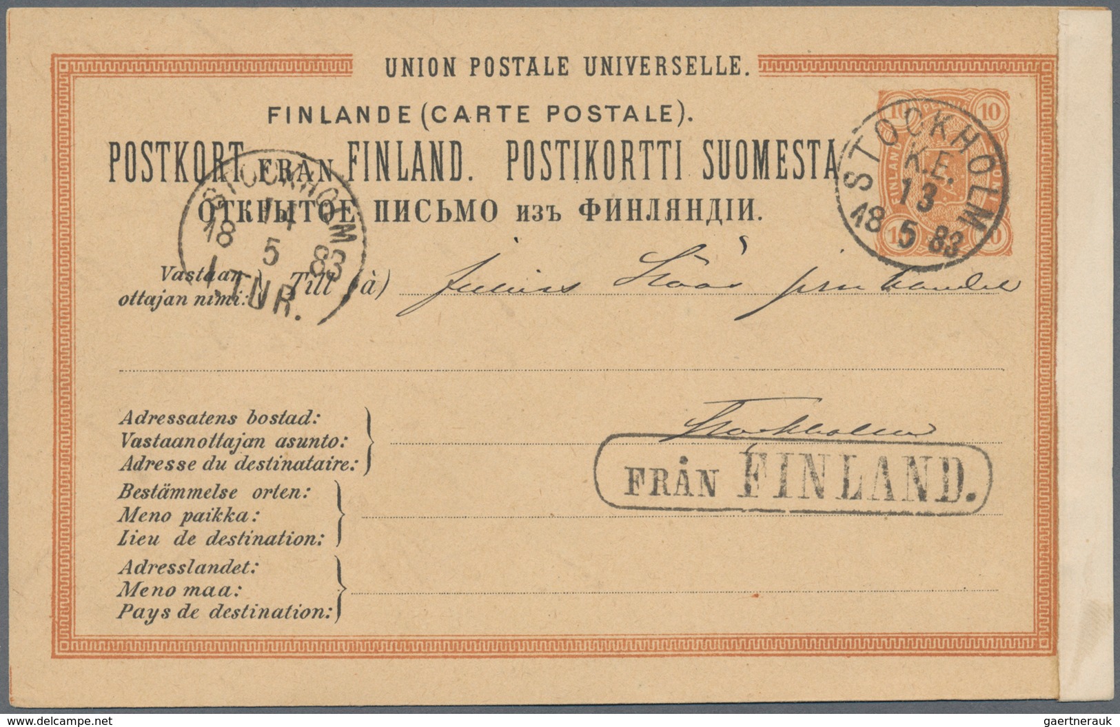 Finnland - Ganzsachen: 1883, 10 P Brown Postal Stationery Card With Circle Cancel STOCKHOLM And Besi - Postal Stationery