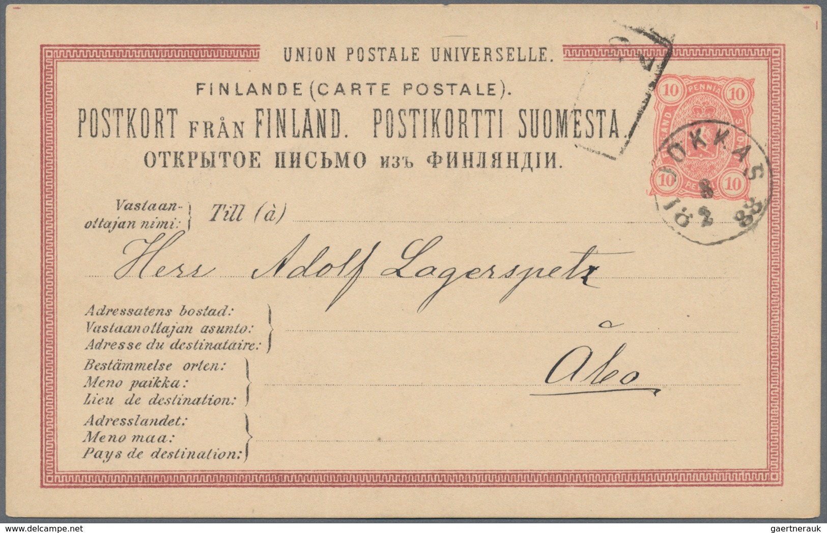 Finnland - Ganzsachen: 1888, 10 P Red Postal Stationery Card With Circle Cancel "JOKKAS" To Abo, Sca - Ganzsachen