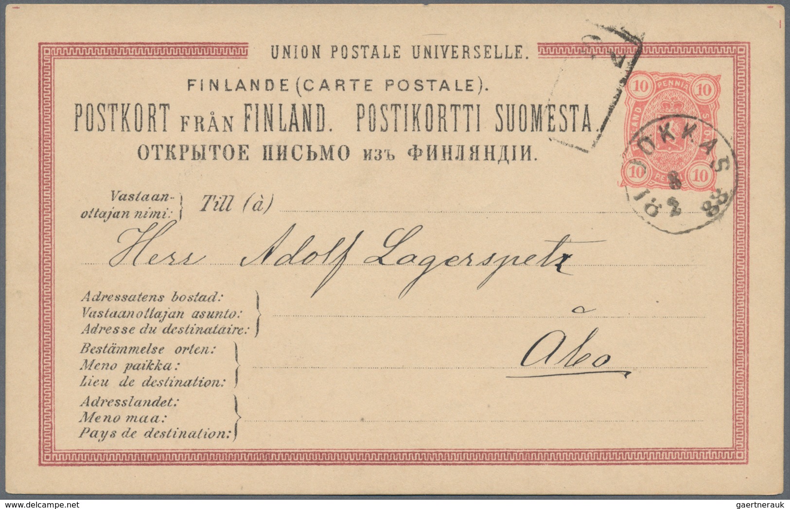 Finnland - Ganzsachen: 1888, 10 P Red Postal Stationery Card With Circle Cancel "JOKKAS" To Abo, Sca - Postal Stationery