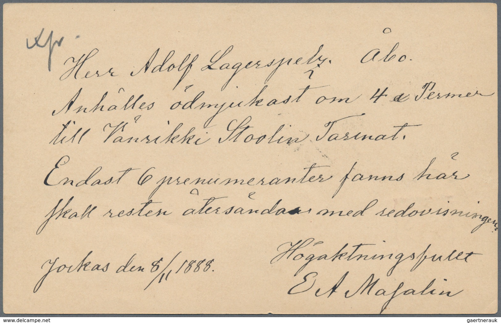 Finnland - Ganzsachen: 1888, 10 P Red Postal Stationery Card With Circle Cancel "JOKKAS" To Abo, Sca - Postal Stationery