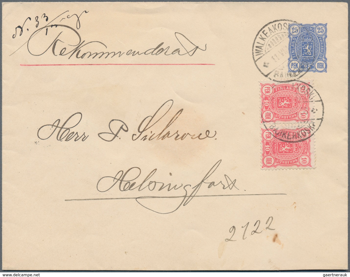 Finnland - Ganzsachen: 1896, 25 P Blue Postal Stationery Cover With Additional Franking 10 P Red Pai - Postwaardestukken