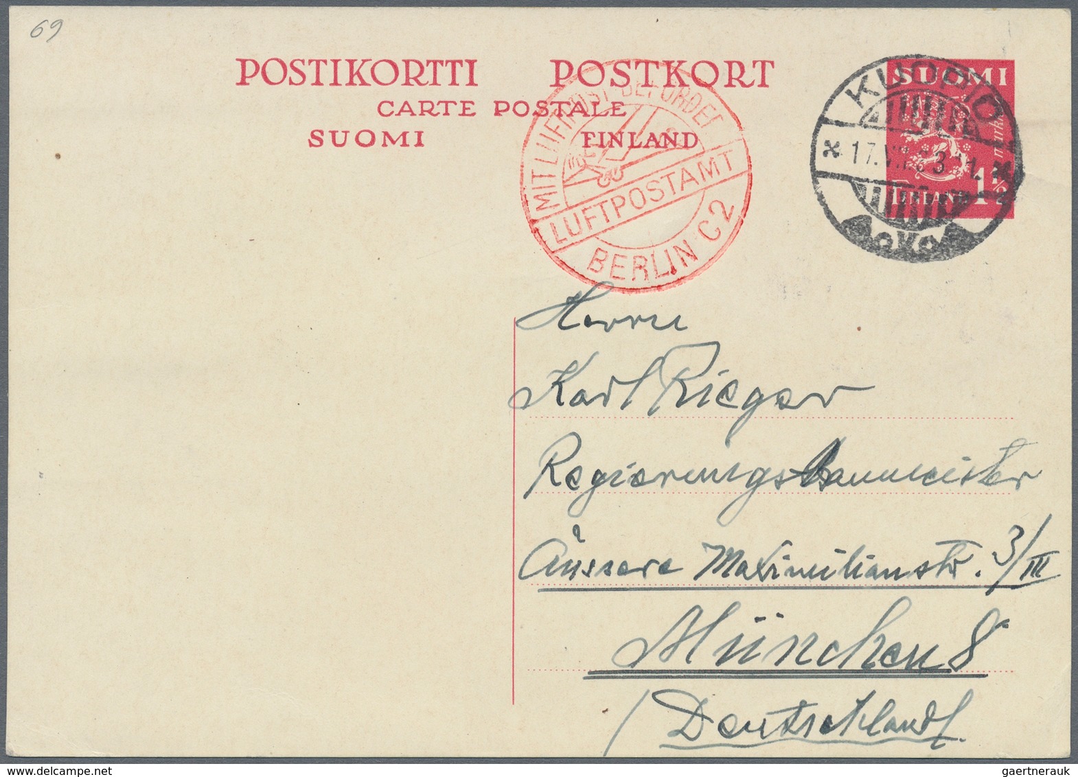 Finnland - Ganzsachen: 1932, 1 1/2 M Red Single And Double Postal Stationery Postcards Used From KUO - Ganzsachen