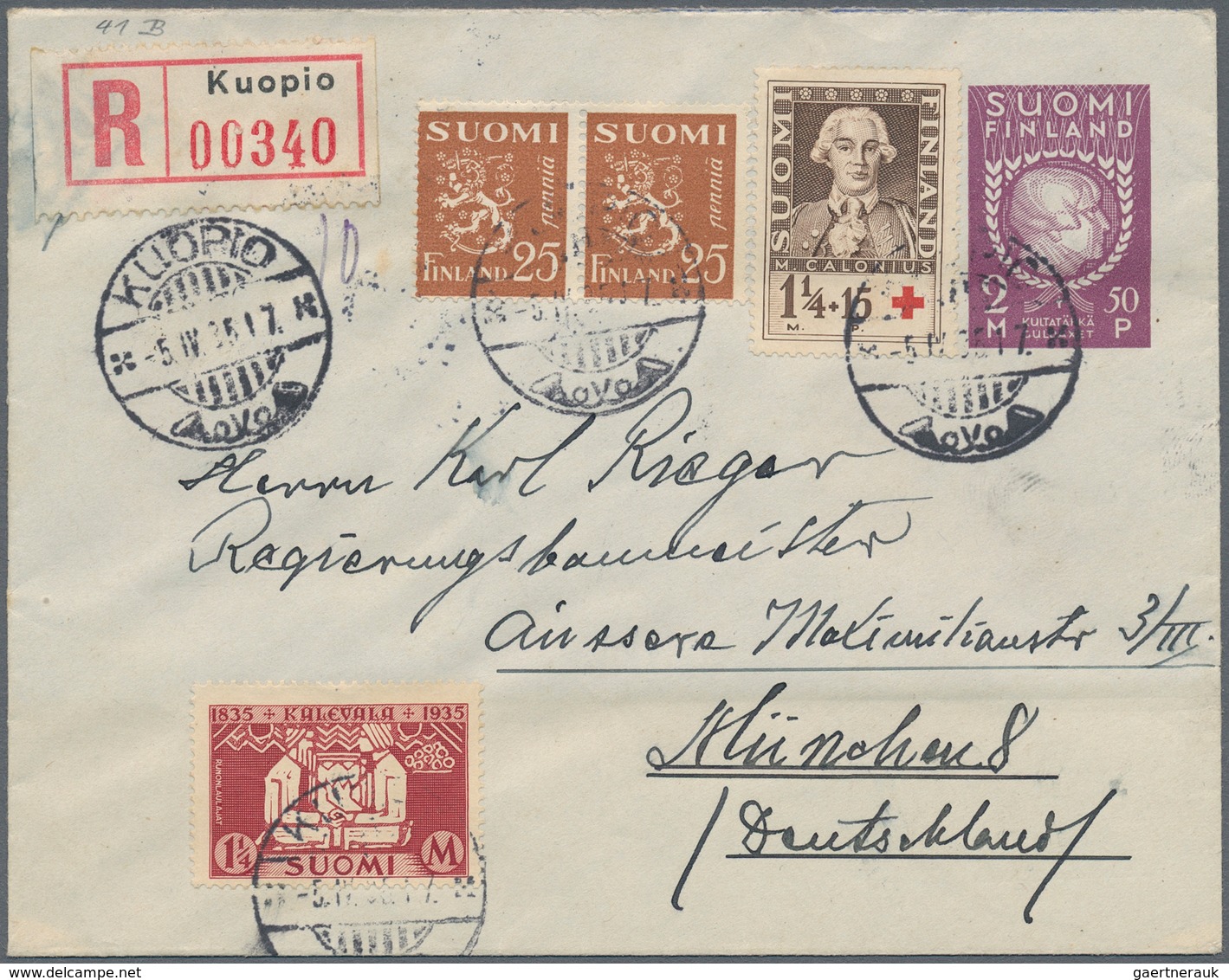 Finnland - Ganzsachen: 1935, 2 M + 50 P Lilac Postal Stationery Cover With Blue Lining Inside And Li - Postal Stationery