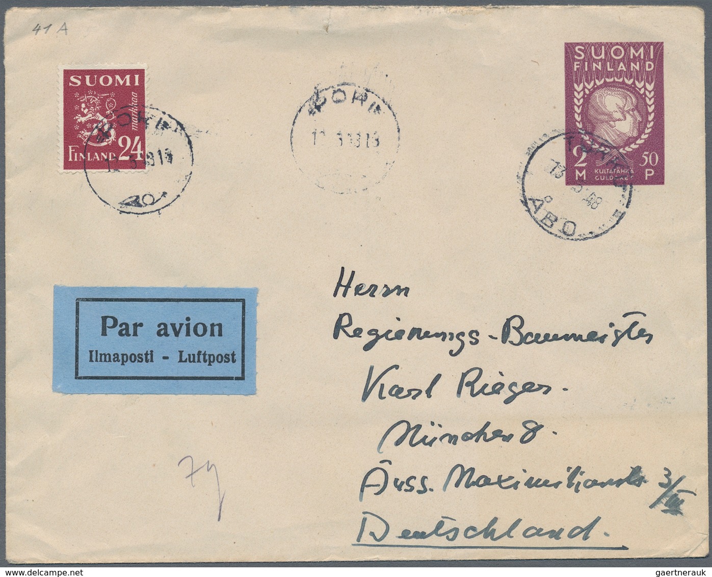 Finnland - Ganzsachen: 1935, 2 M + 50 P Lilac Postal Stationery Cover With Blue Lining Inside And Li - Postal Stationery