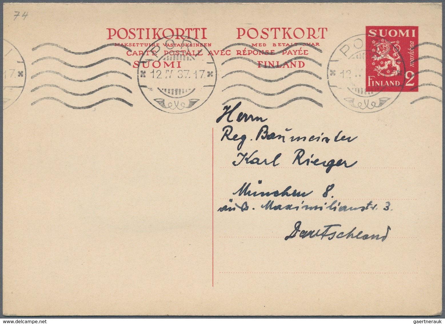 Finnland - Ganzsachen: 1936, 2 M Red Single And Double Postal Stationery Postcards Used From Pori To - Postwaardestukken