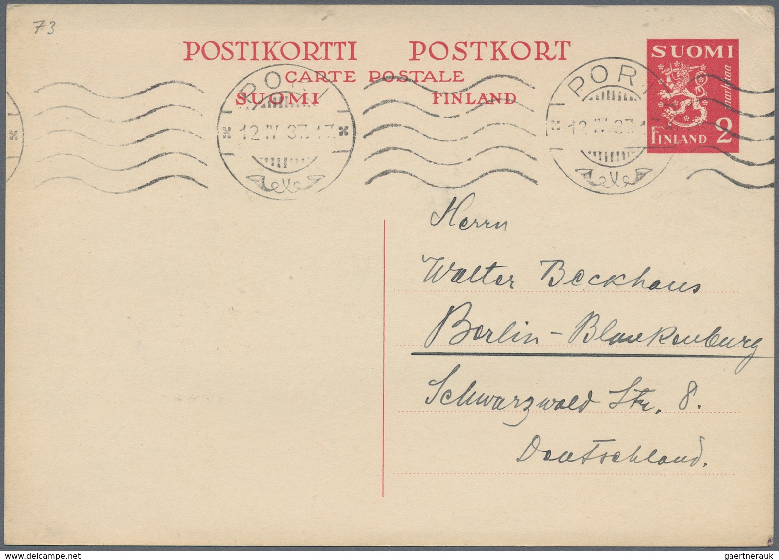 Finnland - Ganzsachen: 1936, 2 M Red Single And Double Postal Stationery Postcards Used From Pori To - Ganzsachen