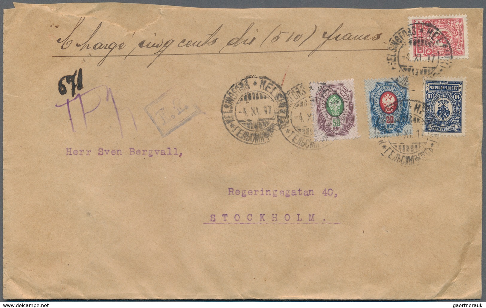 Finnland - Besonderheiten: 1917, Russian Franking On Insured Letter From Helsingfors To Stockholm Wi - Andere & Zonder Classificatie