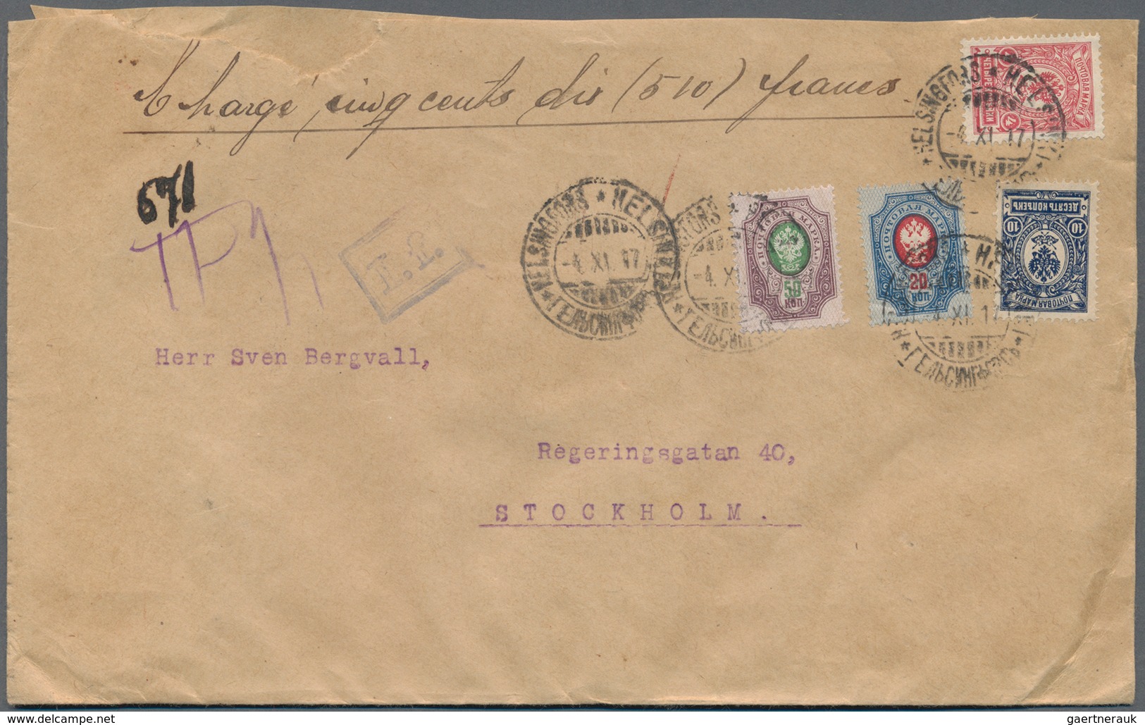 Finnland - Besonderheiten: 1917, Russian Franking On Insured Letter From Helsingfors To Stockholm Wi - Other & Unclassified