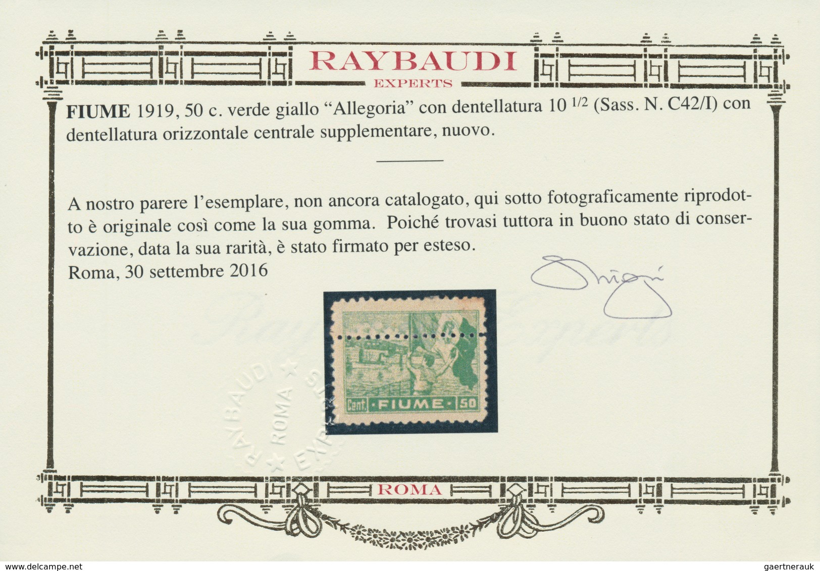 Fiume: 1919. 50 C Green, Perforated 10 1/2, With Additional Horizontal Perforation, Mint, Slight Ton - Fiume