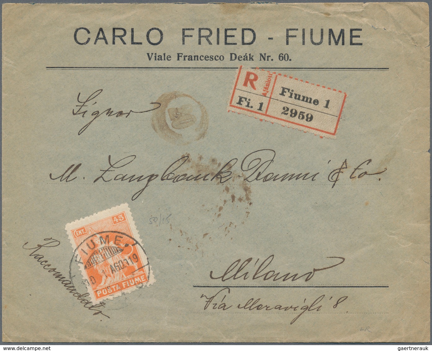 Fiume: 1919, 45 C Orange Single Franking On Registered Letter With Censor Ship To Milano - Fiume