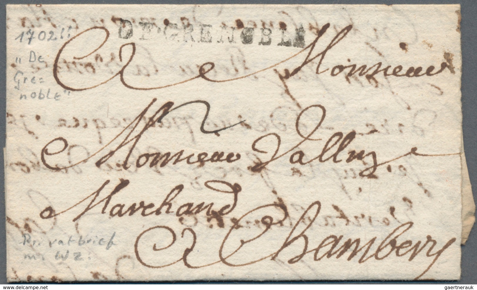 Frankreich - Vorphilatelie: 1702, "DE GRENOBLE" One-liner On Folded Letter To Chambery (Savoyen), Ve - 1792-1815: Conquered Departments