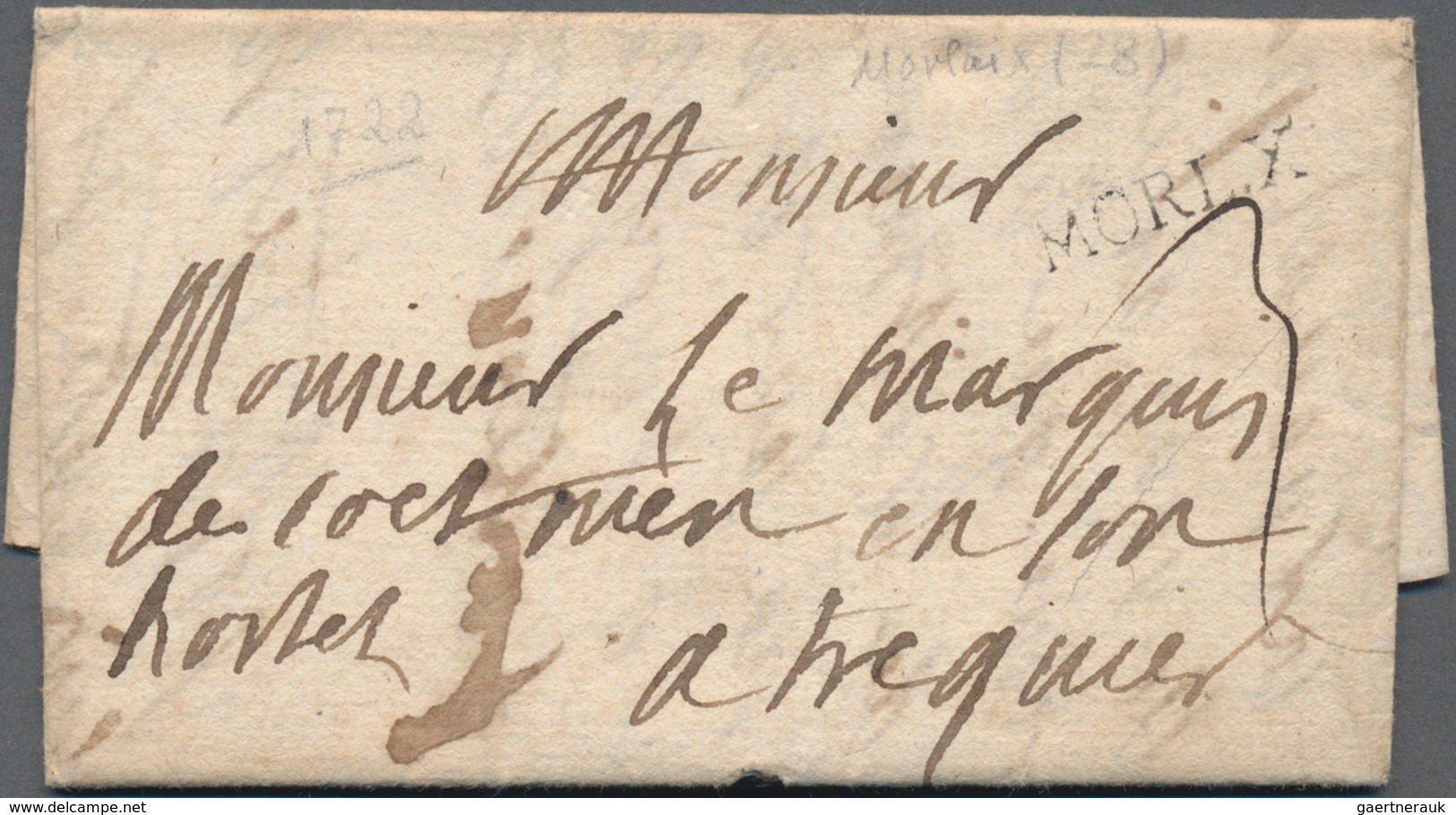 Frankreich - Vorphilatelie: 1722, "MORL. X" Early Very Rare, Shortened Postmark Of MORLAIX/Bretagne - 1792-1815: Veroverde Departementen